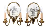 A Pair of Etched Glass and Brass Two-Light Sconces Height 10 3/8 inches. — 20TH CENTURY