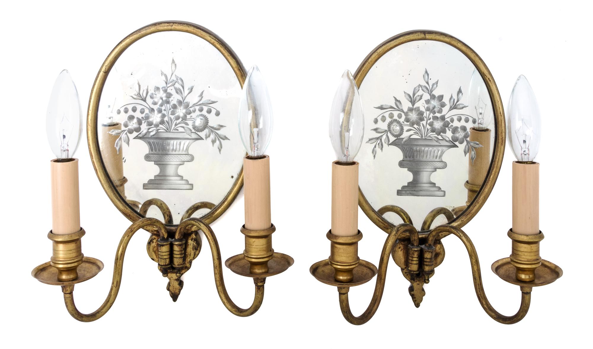 A Pair of Etched Glass and Brass Two-Light Sconces Height 10 3/8 inches. — 20TH CENTURY