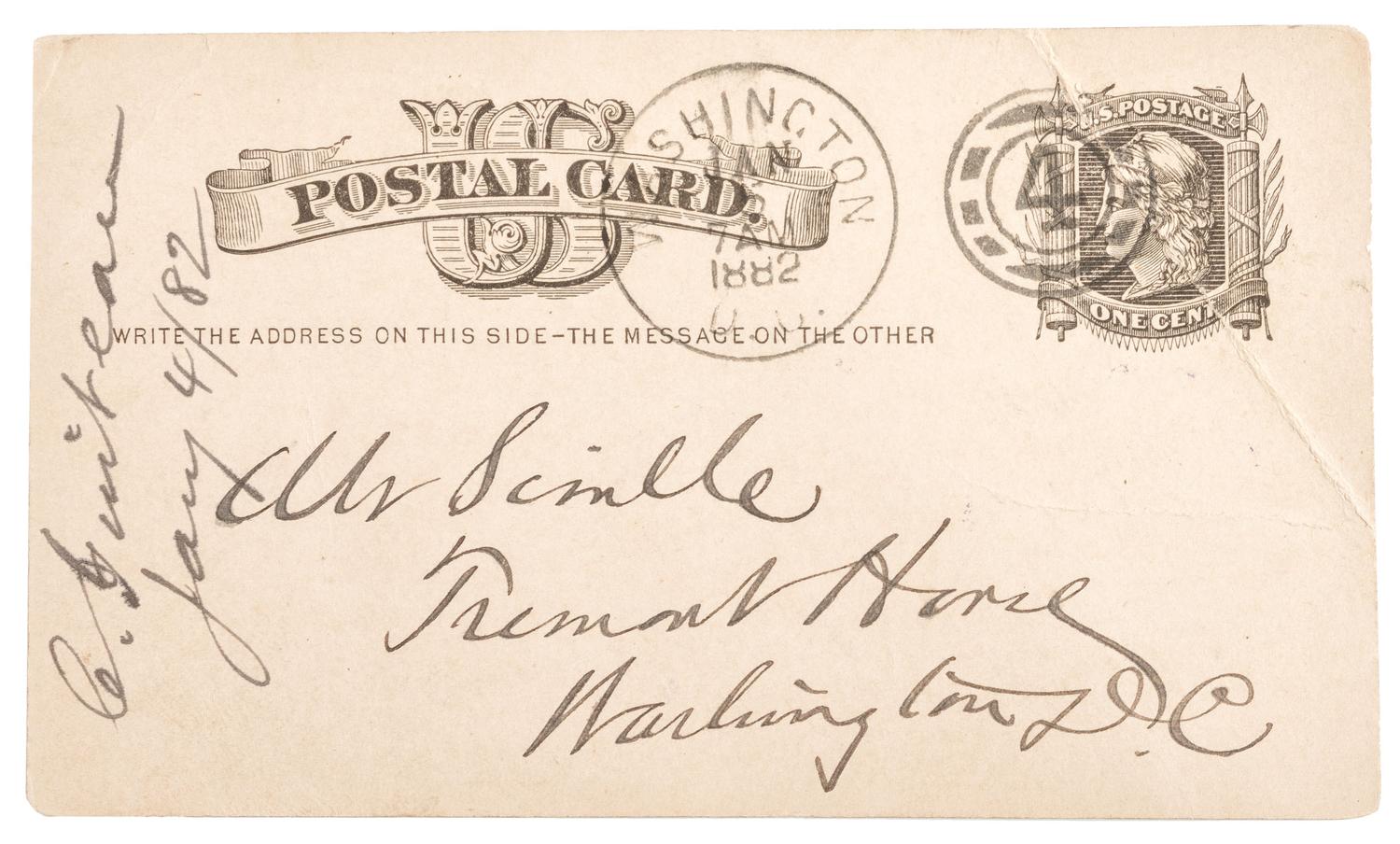 [GARFIELD, James A. (1831-1881)]. GUITEAU, Charles (1841-1882). Autograph postcard signed ("CG") to his attorney, George Scoville. [Washington, DC], 4 January 1882, 4 pm. Toned, light creasing.