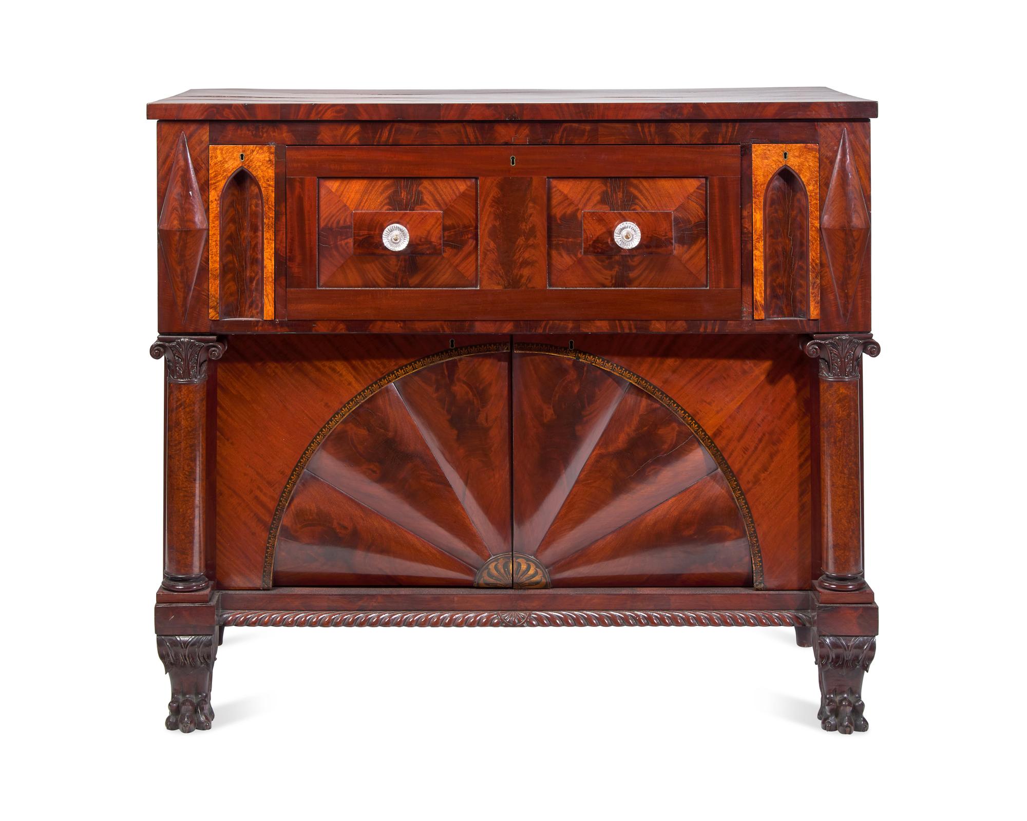 A Classical Carved, Inlaid and Veneered Mahogany Secretary Base