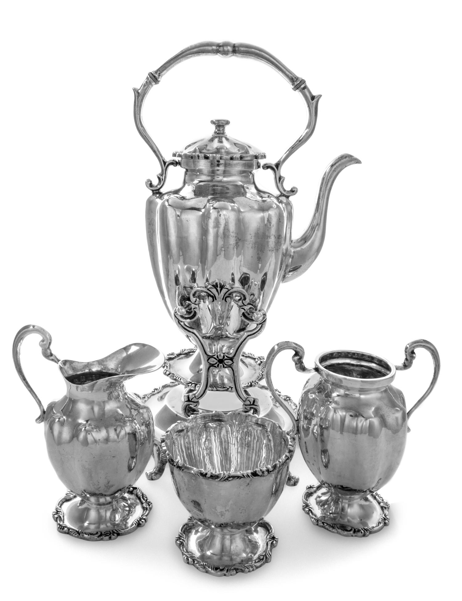 A Mexican Silver Four-Piece Tea Service, Plata Villa, Mexico City, Mid-20th Century, comprising a kettle on stand, a creamer, a sugar a