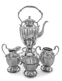 A Mexican Silver Four-Piece Tea Service, Plata Villa, Mexico City, Mid-20th Century, comprising a kettle on stand, a creamer, a sugar a