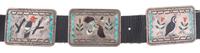 Silver and Mosaic Inlay Concha Belt, with Multiple Bird Species Lot is located and will ship from Denver, Colorado.