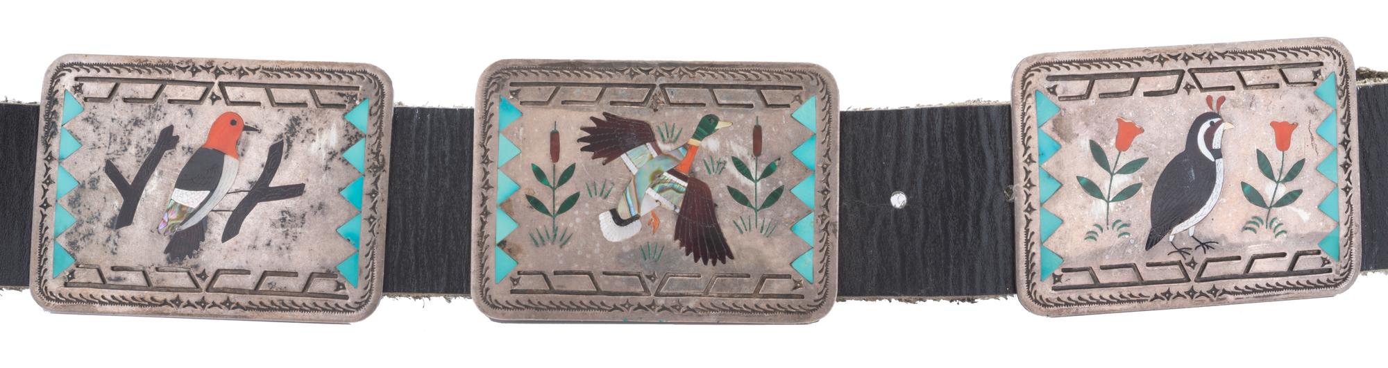 Silver and Mosaic Inlay Concha Belt, with Multiple Bird Species Lot is located and will ship from Denver, Colorado.