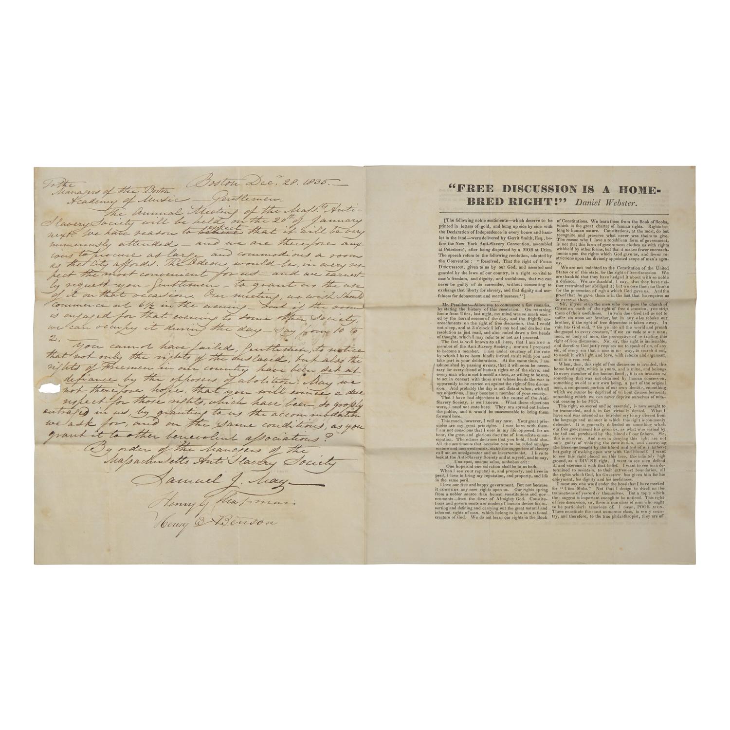 [African-Americana] May, Rev. Samuel J. Autograph Letter, signed on Verso of a Printed Circular