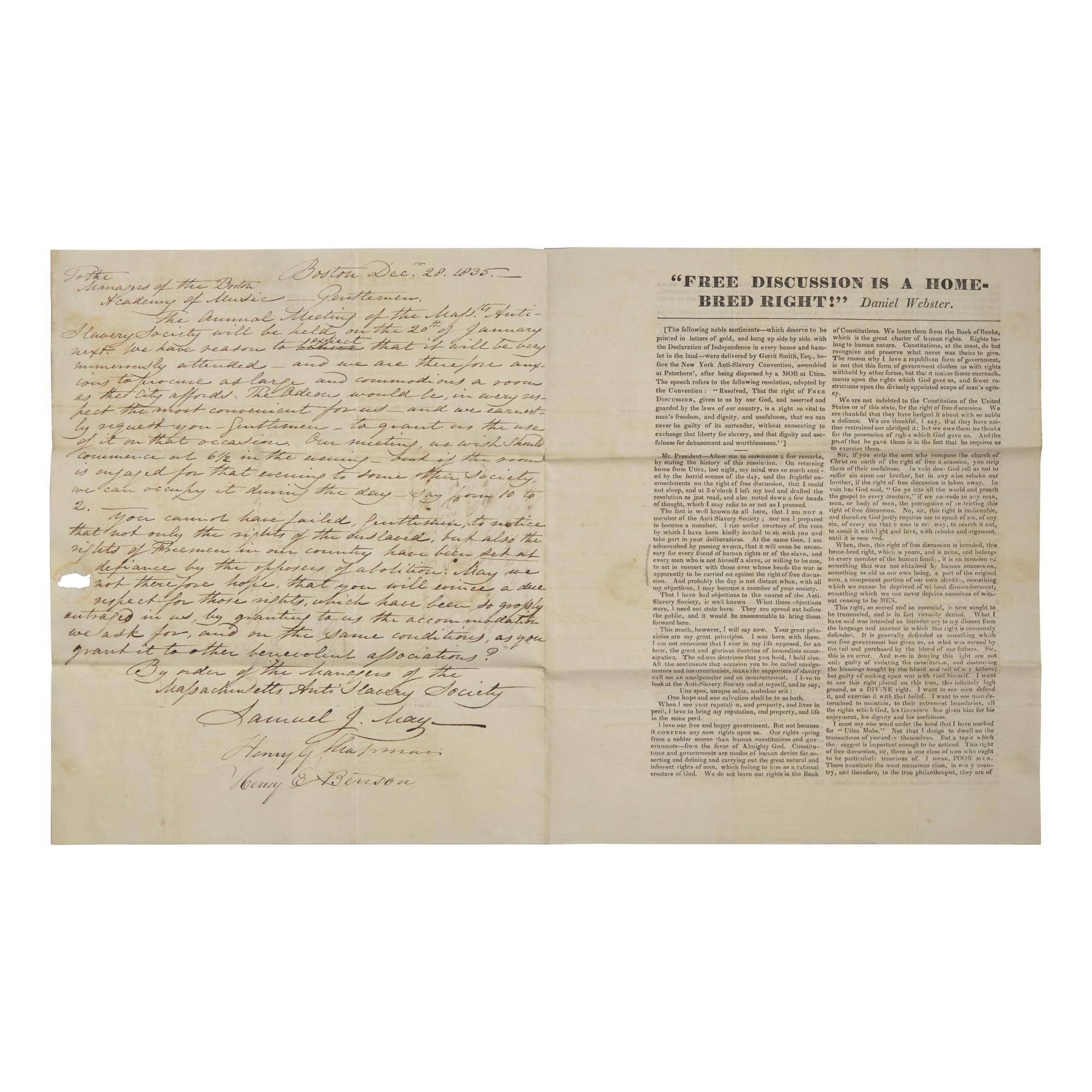 [African-Americana] May, Rev. Samuel J. Autograph Letter, signed on Verso of a Printed Circular