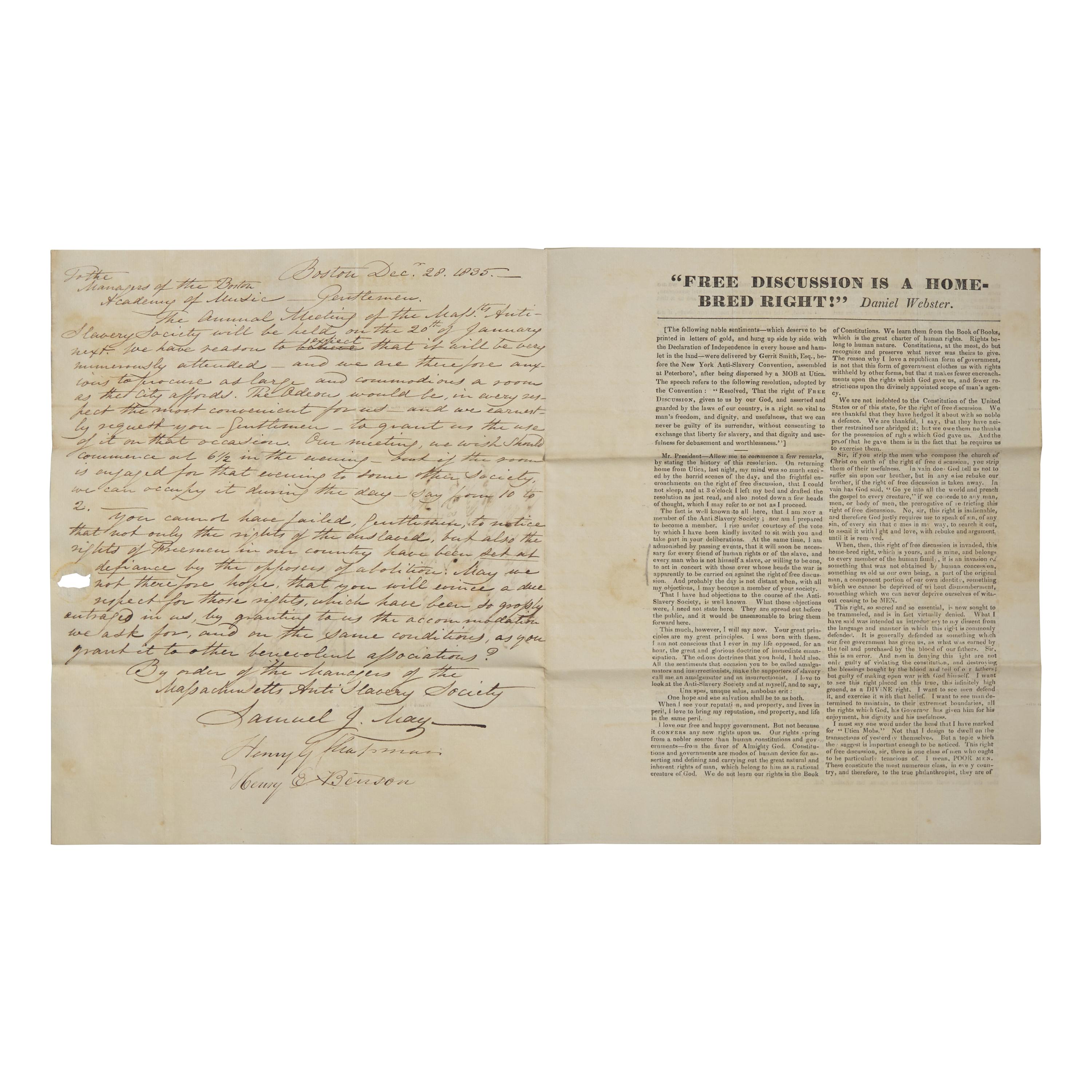 [African-Americana] May, Rev. Samuel J. Autograph Letter, signed on Verso of a Printed Circular