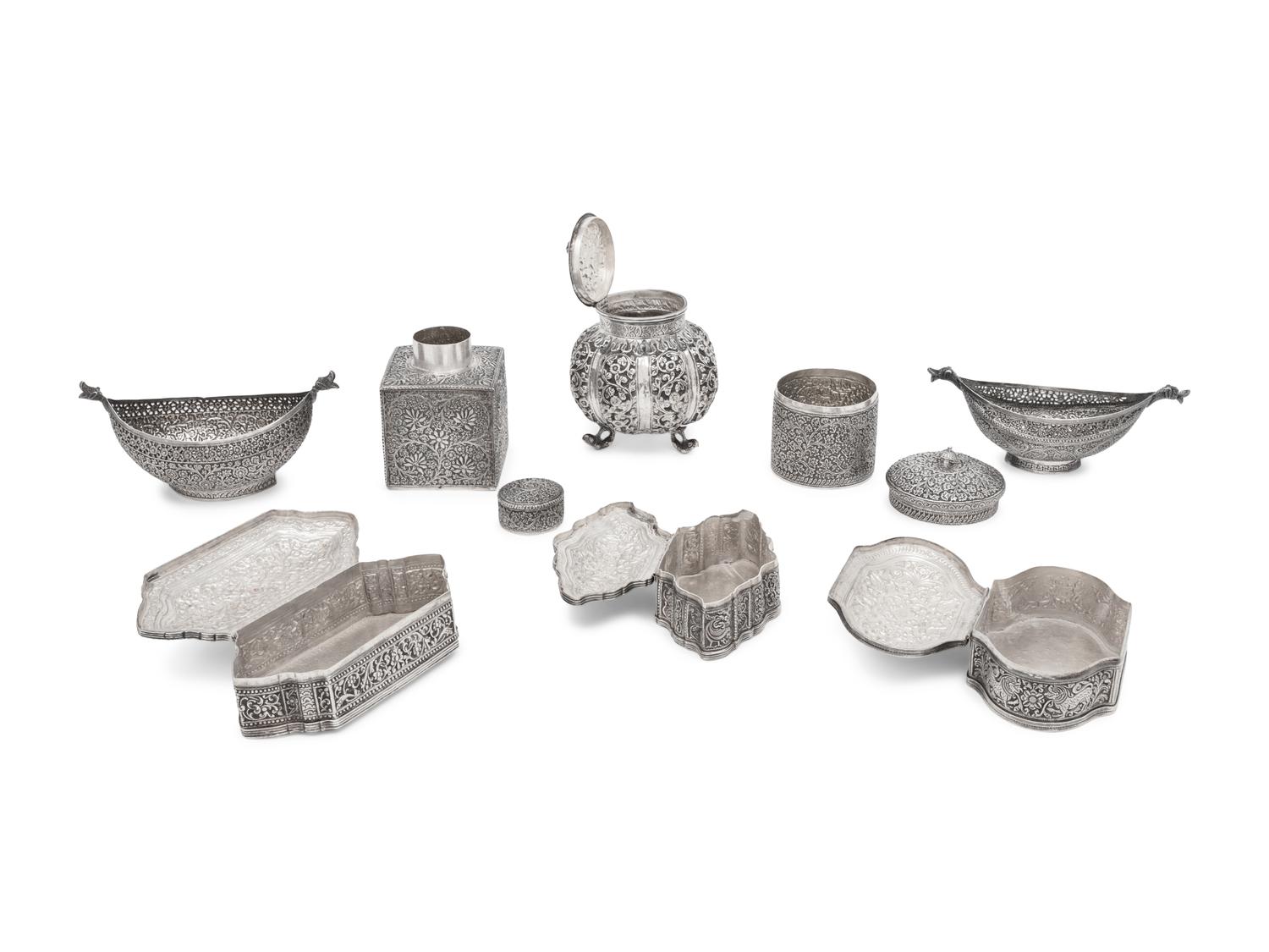 A Collection of Eight Indian Kutch Silver Table Articles