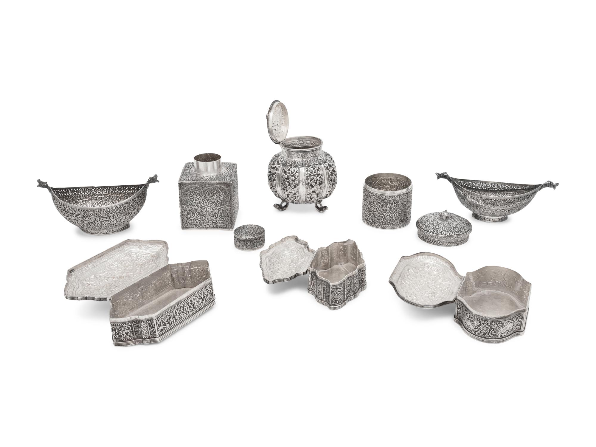 A Collection of Eight Indian Kutch Silver Table Articles