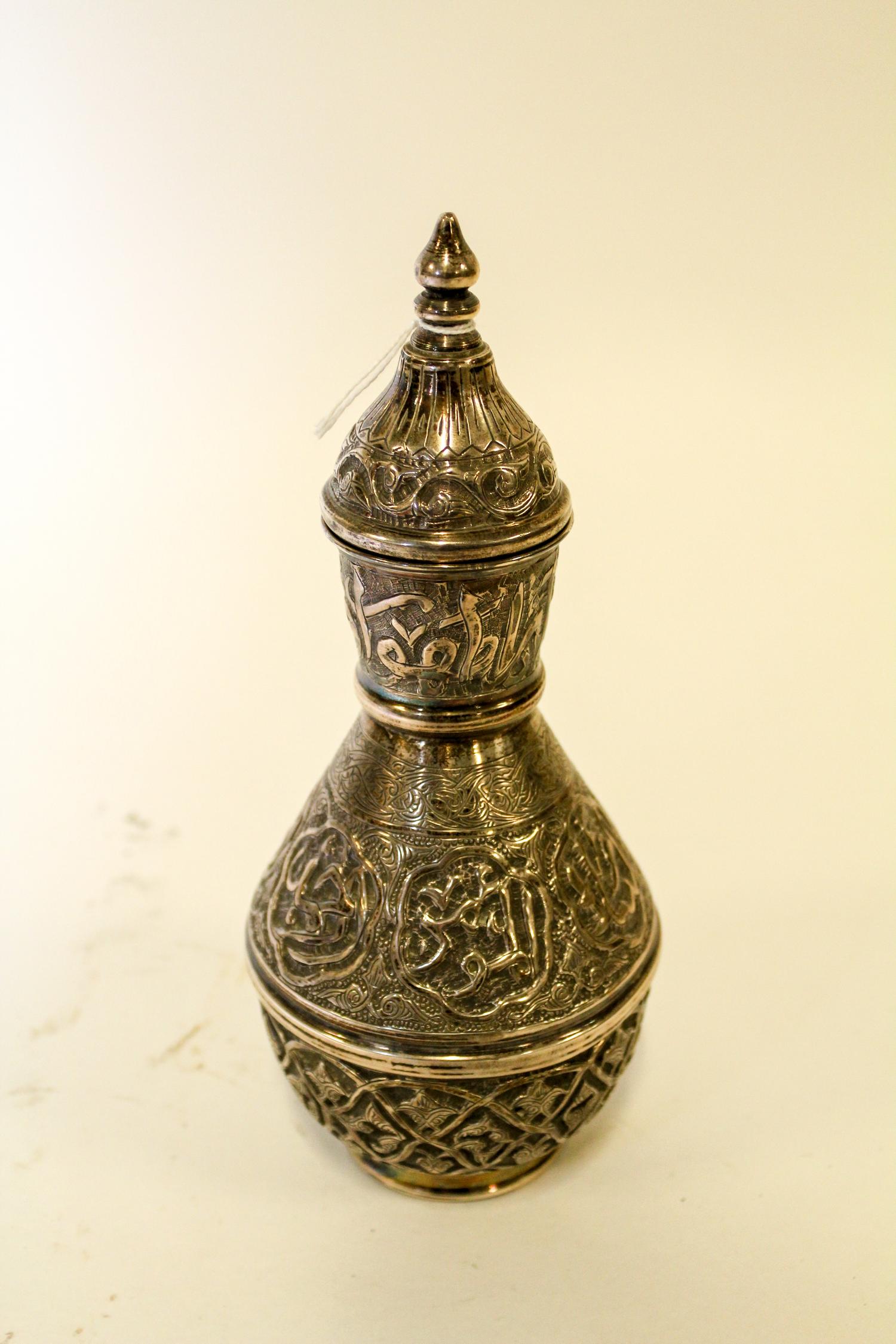 An Egyptian Silver Lidded Vessel Height overall 8 3/4 inches.