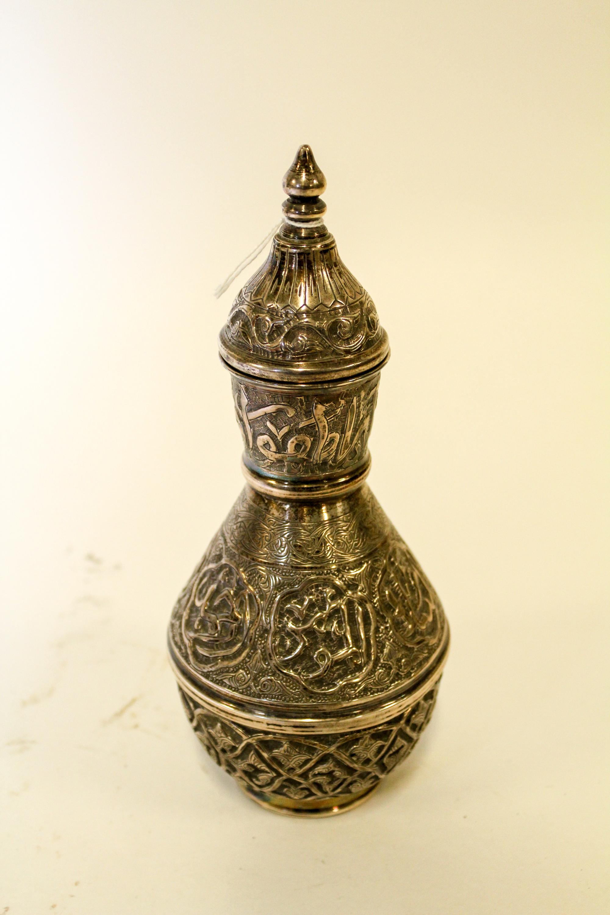 An Egyptian Silver Lidded Vessel Height overall 8 3/4 inches.