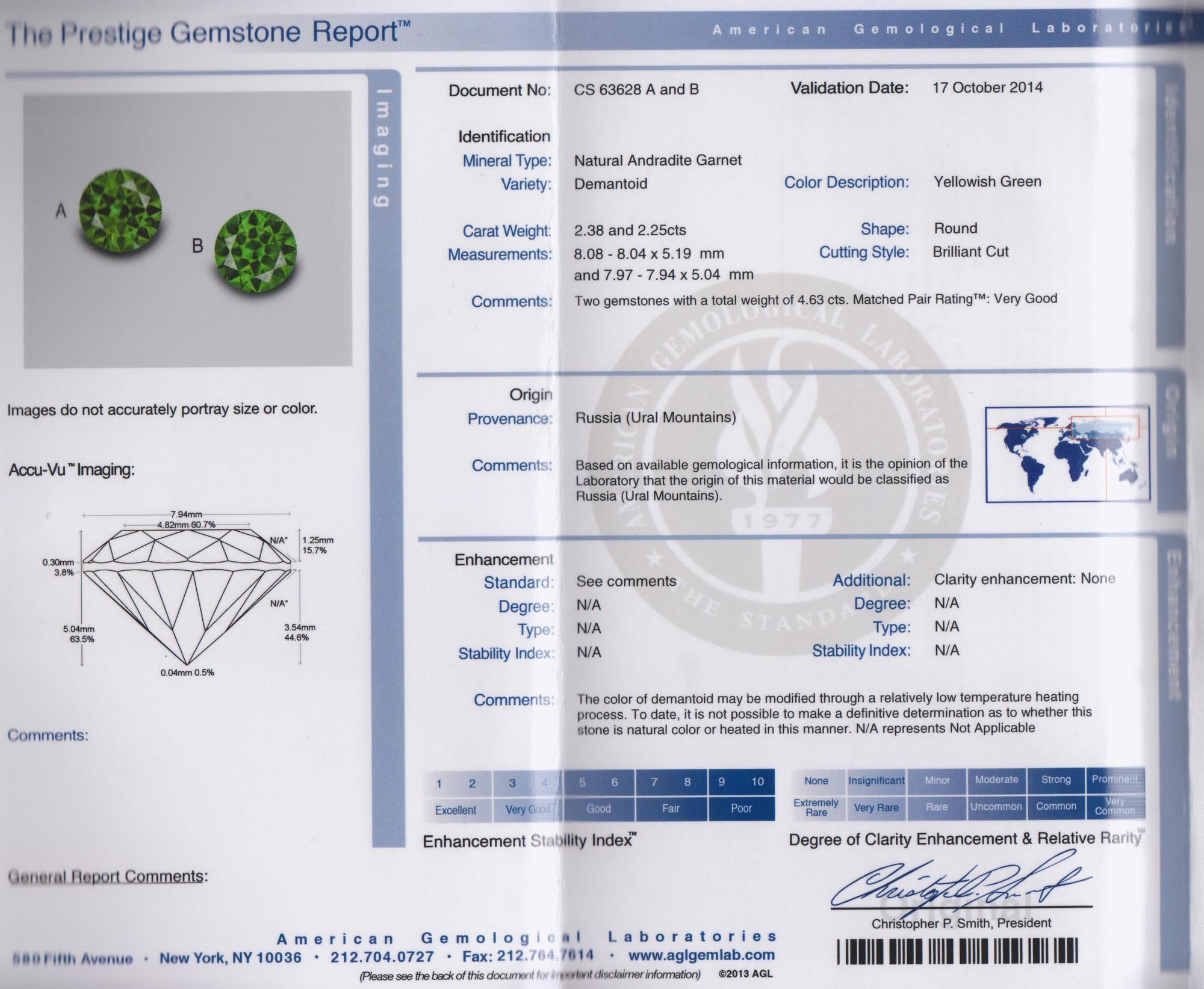 A Pair of Round Brilliant Cut Russian Demantoid Garnets Weighing 4.63 Carats Total,