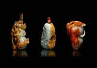 Three Chinese Russet and Green Jadeite Snuff Bottles