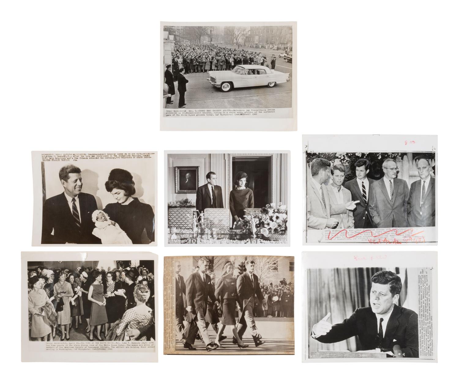 [KENNEDY, John F.] 13 press photos of John F. Kennedy, Jacqueline, their family, and the funeral.
