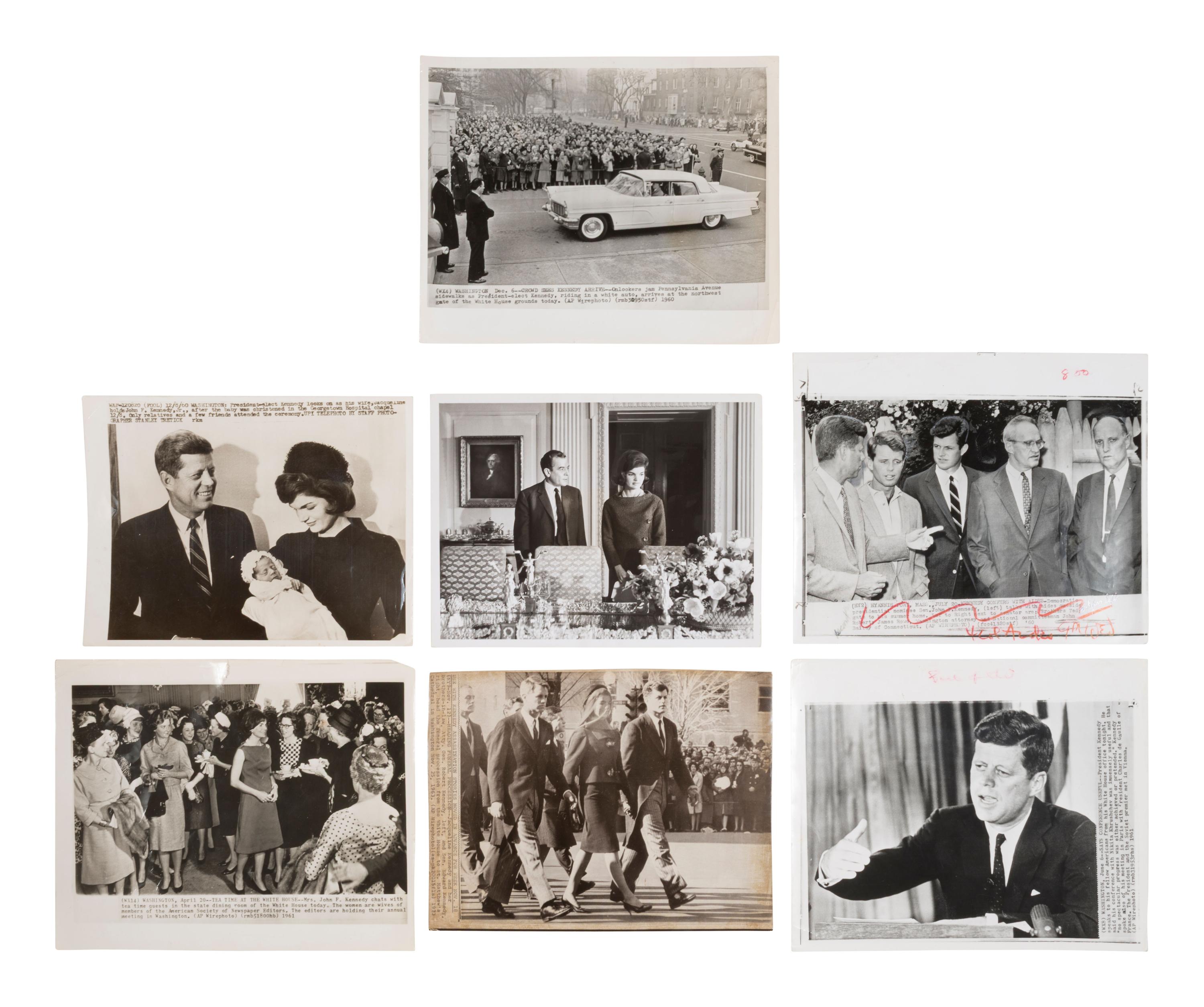 [KENNEDY, John F.] 13 press photos of John F. Kennedy, Jacqueline, their family, and the funeral.