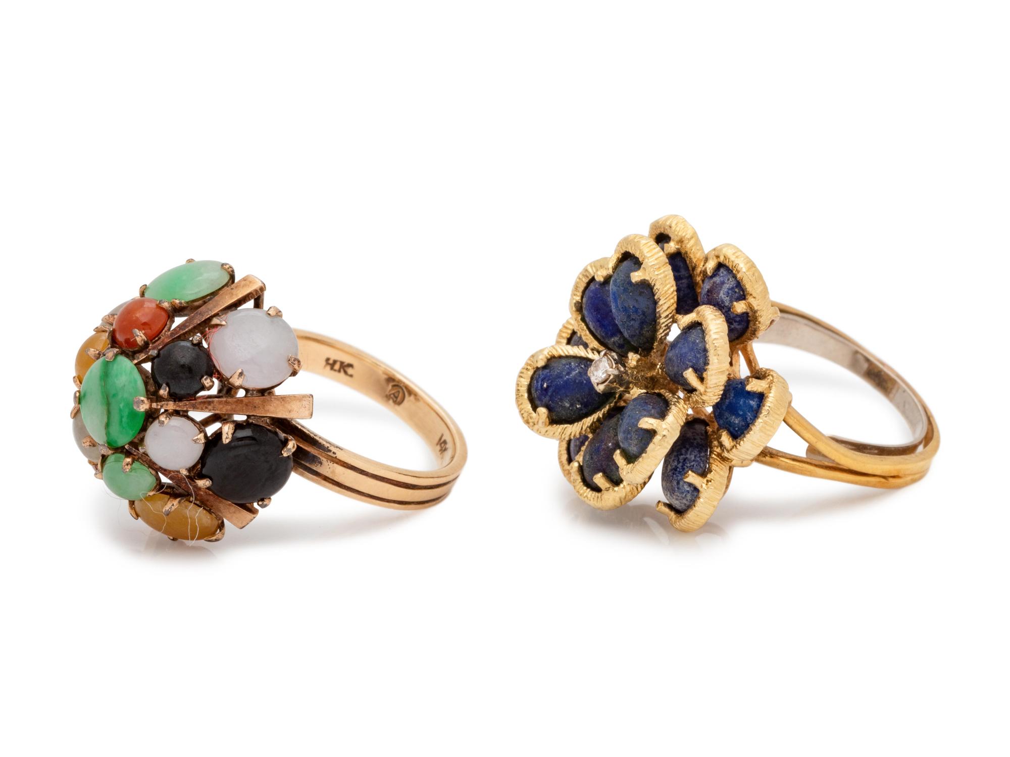 A Collection of Yellow Gold and Hardstone Rings,