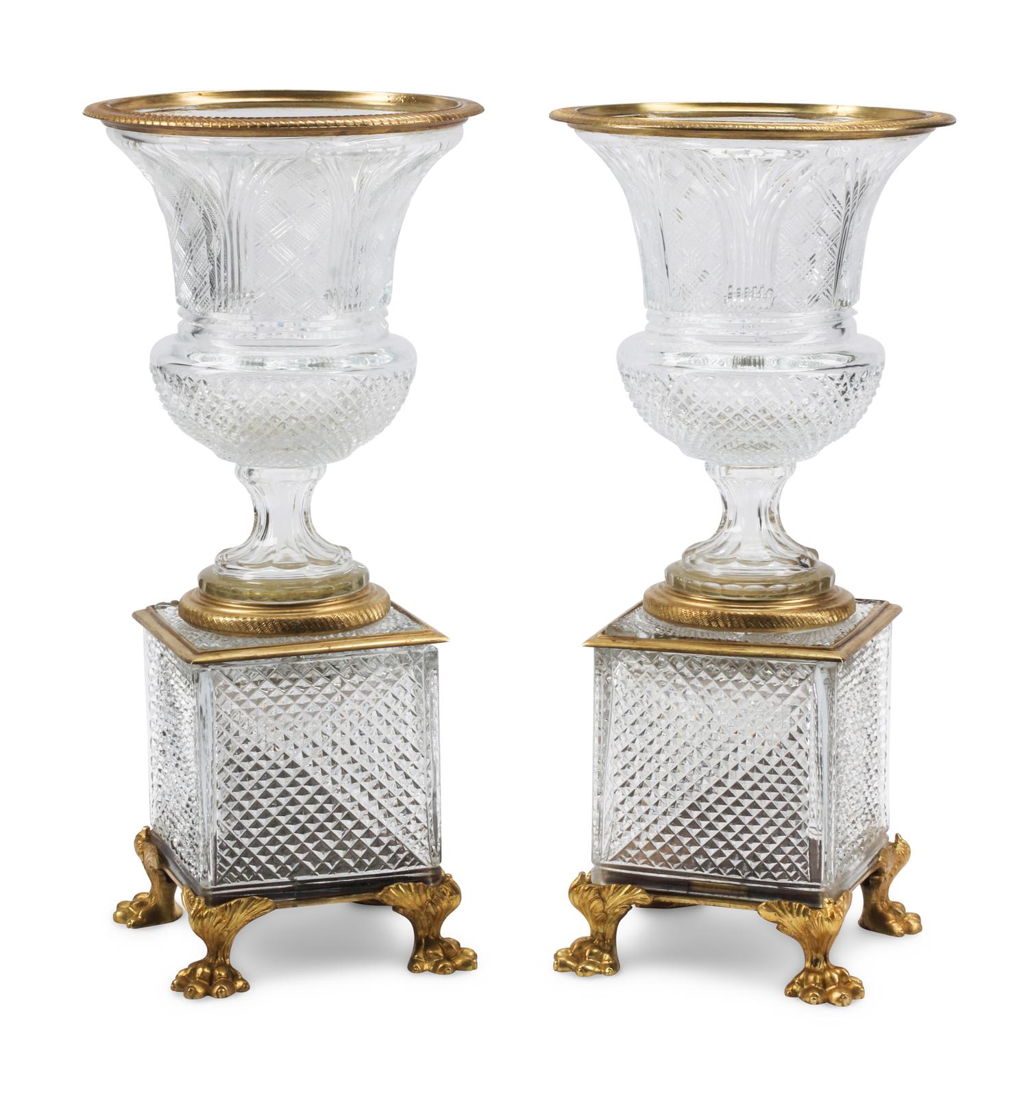 A Pair of French Gilt-Bronze Mounted Cut Glass Urns