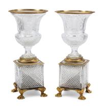 A Pair of French Gilt-Bronze Mounted Cut Glass Urns