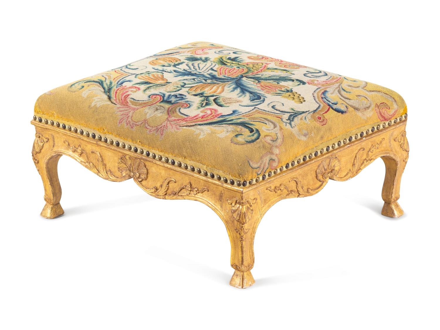 A Régence Needlepoint-Upholstered Giltwood Stool