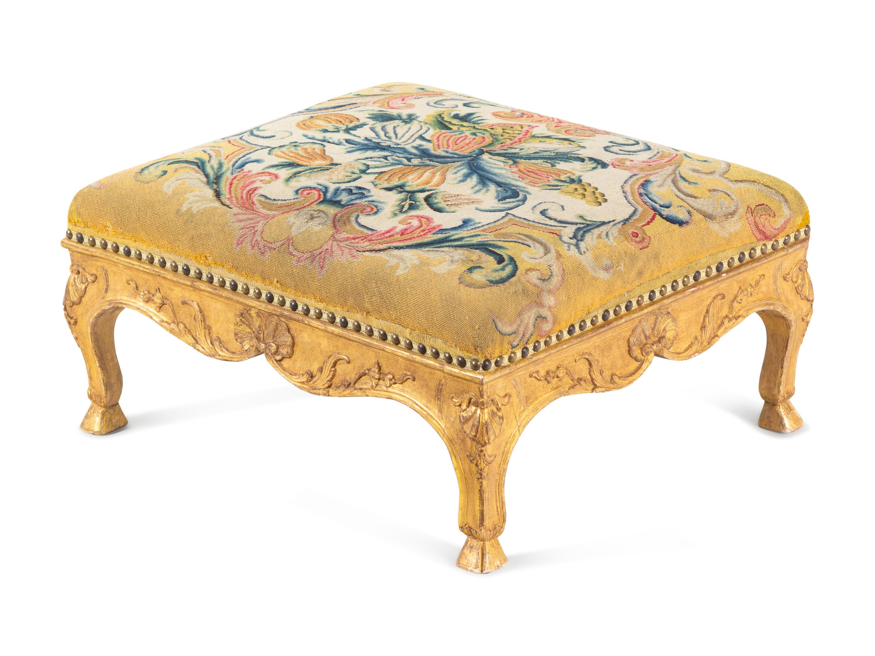 A Régence Needlepoint-Upholstered Giltwood Stool