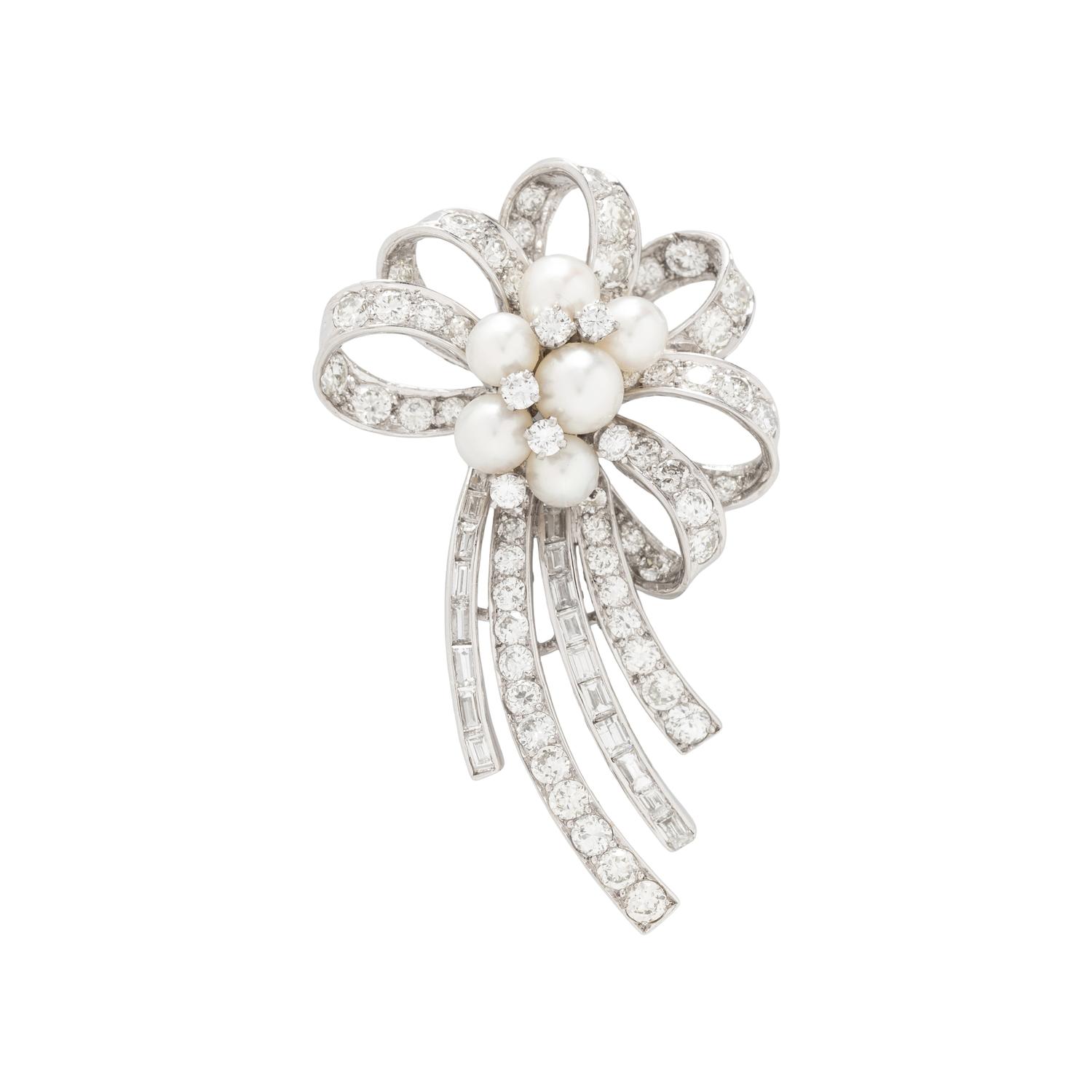PLATINUM, DIAMOND AND CULTURED PEARL SPRAY BROOCH
