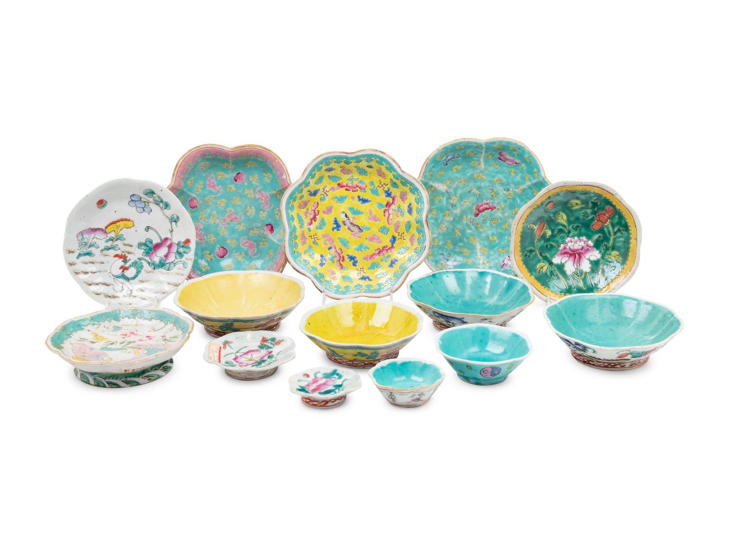 A Collection of 69 Chinese Famille Rose Porcelain Flori-Form Serving Dishes