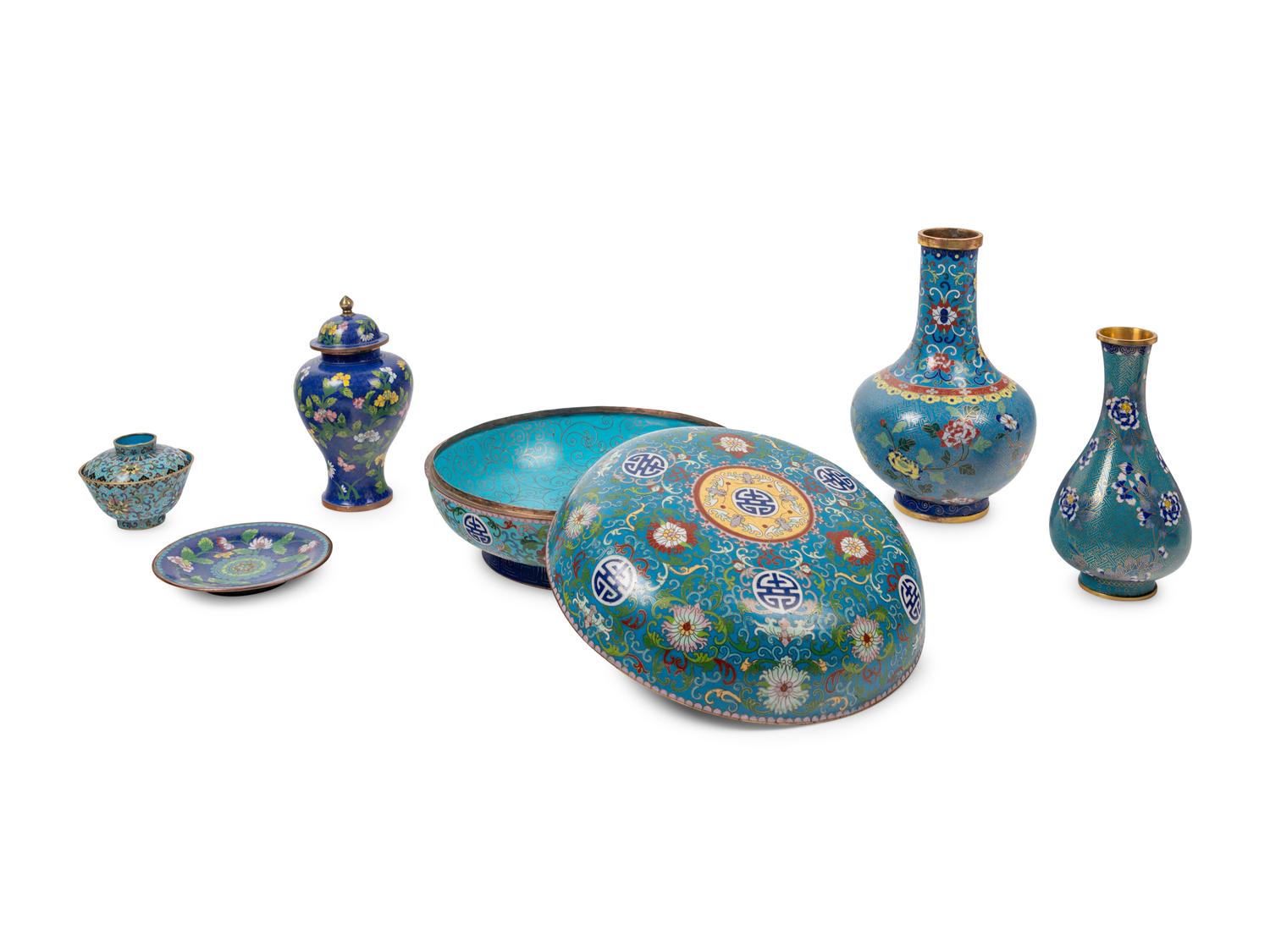 Six Chinese Blue Ground Cloisonné Enameled Vessels