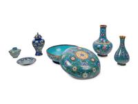 Six Chinese Blue Ground Cloisonné Enameled Vessels