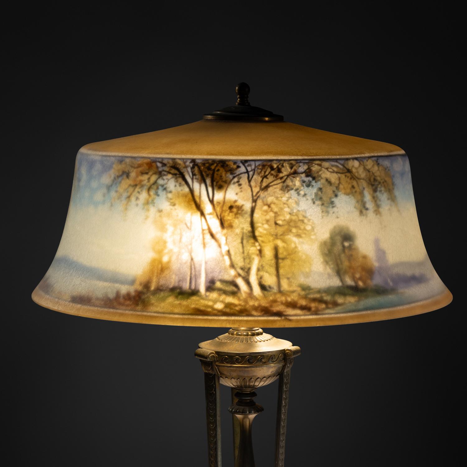 Reverse-painted Exeter lamp, c. 1915 Pairpoint Glass Company, USA