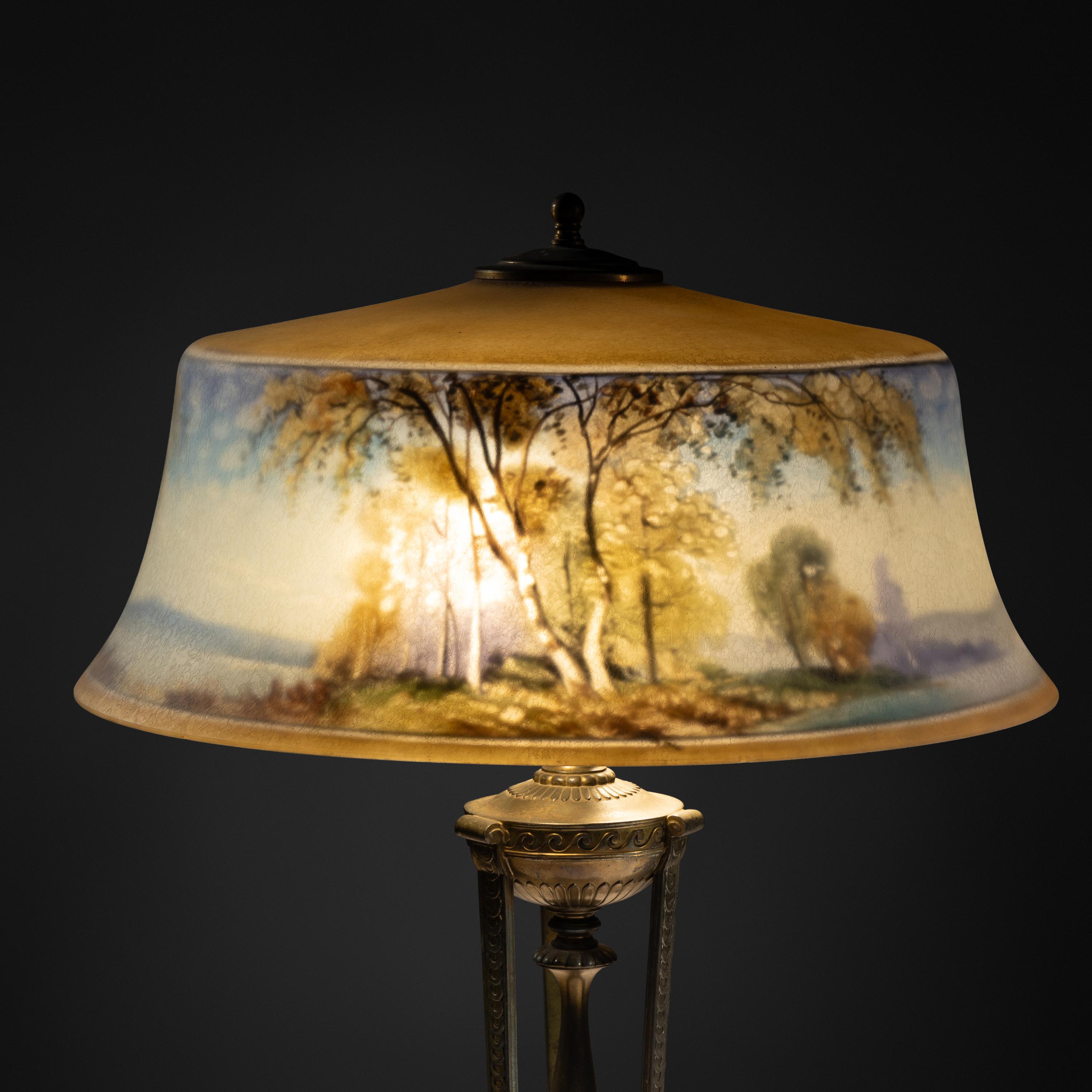 Reverse-painted Exeter lamp, c. 1915 Pairpoint Glass Company, USA