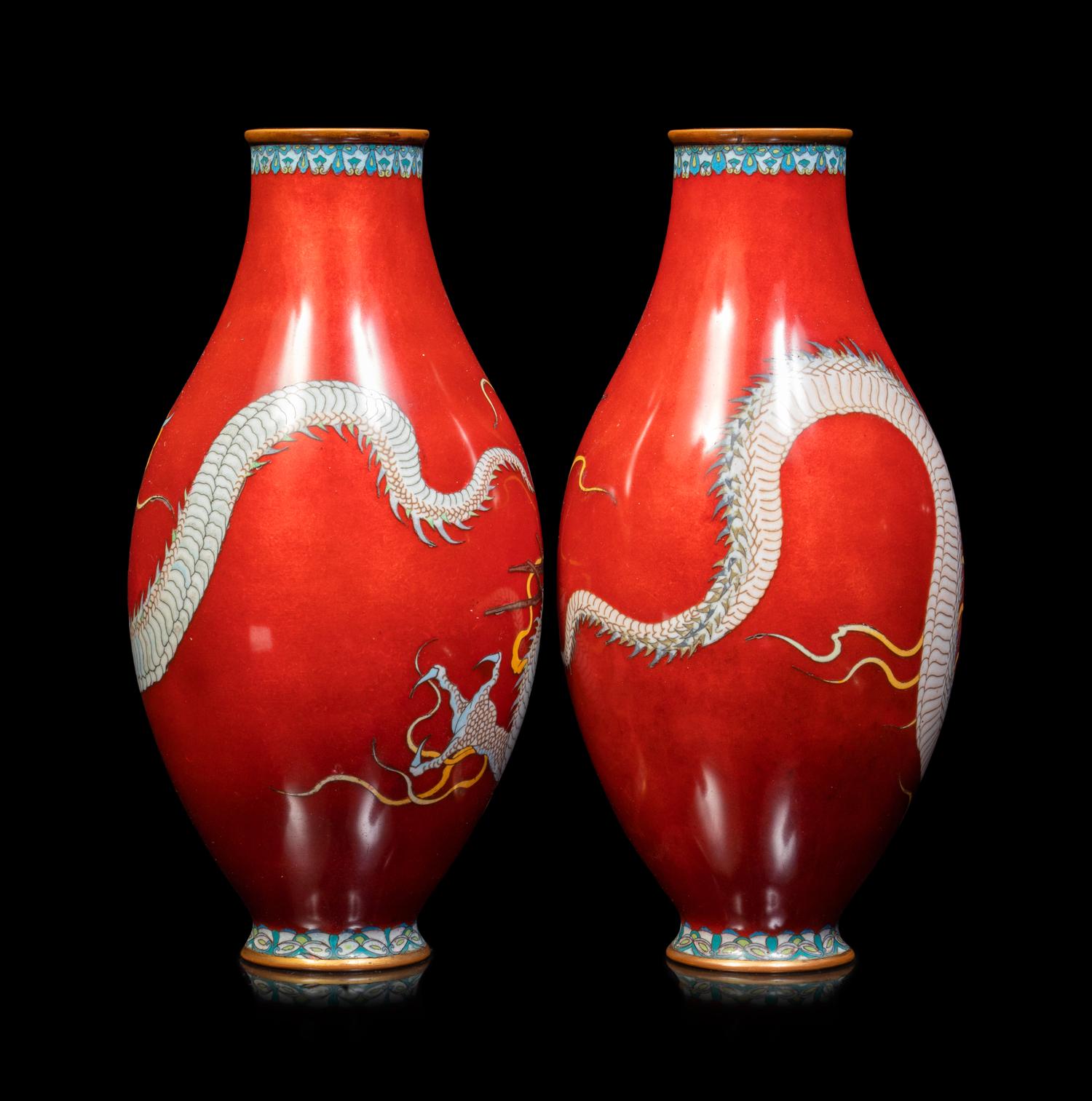 Two Pairs of Japanese Cloisonné Enamel 'Dragon' Vases