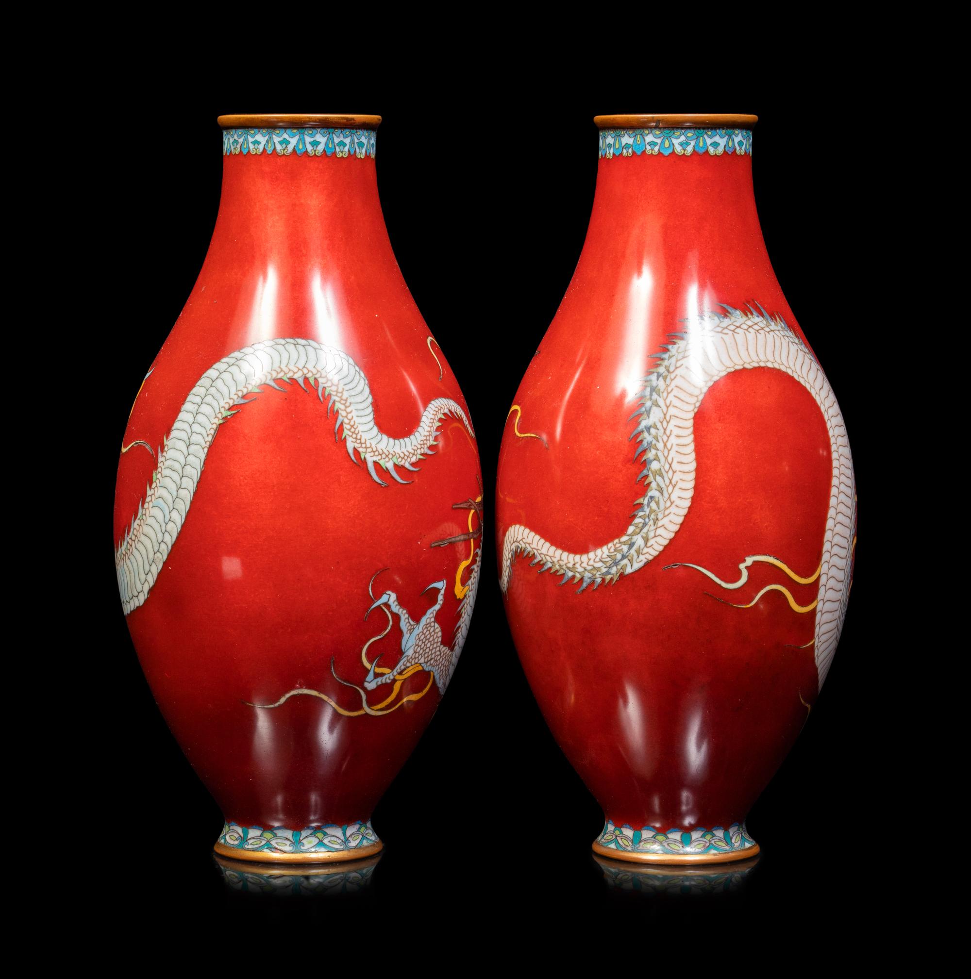 Two Pairs of Japanese Cloisonné Enamel 'Dragon' Vases