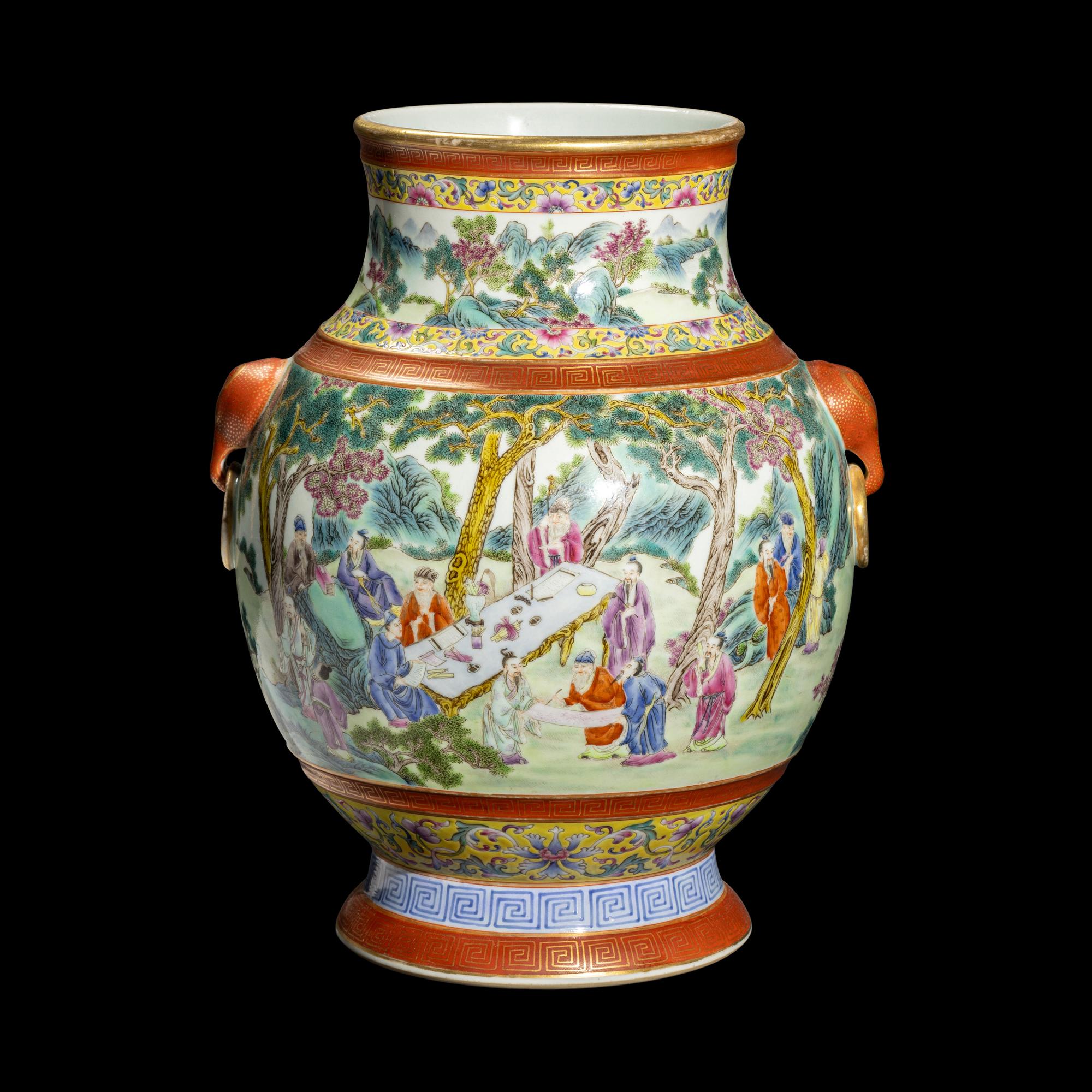 A Chinese Famille Rose Porcelain Baluster Hu Vase 粉彩竹林七賢圖雙耳壺