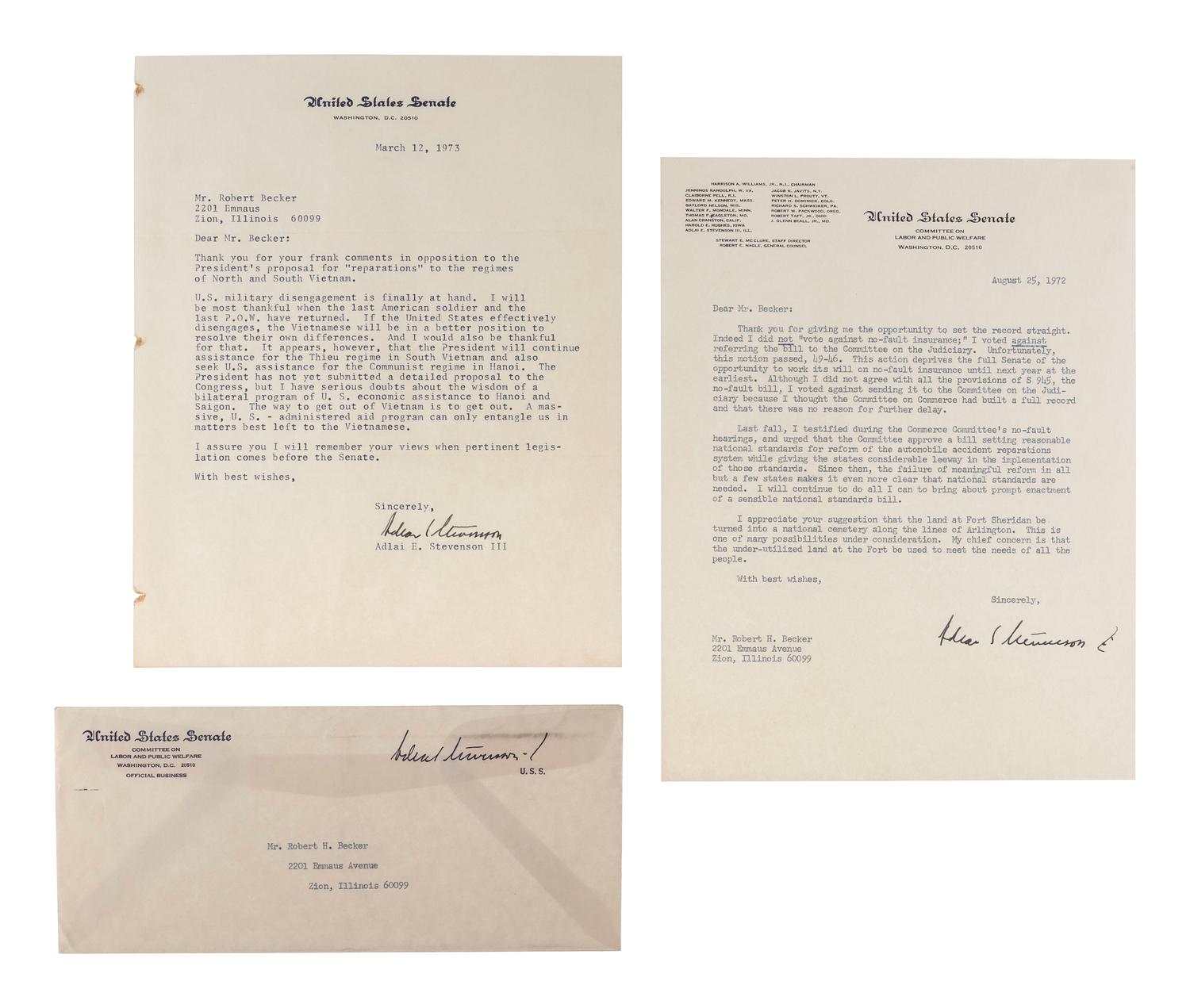 [POLITICS]. Political correspondence archive relating to important 1960s and 1970s issues and addressed to Major Robert H. Becker (1924-2014), USAF Retired.