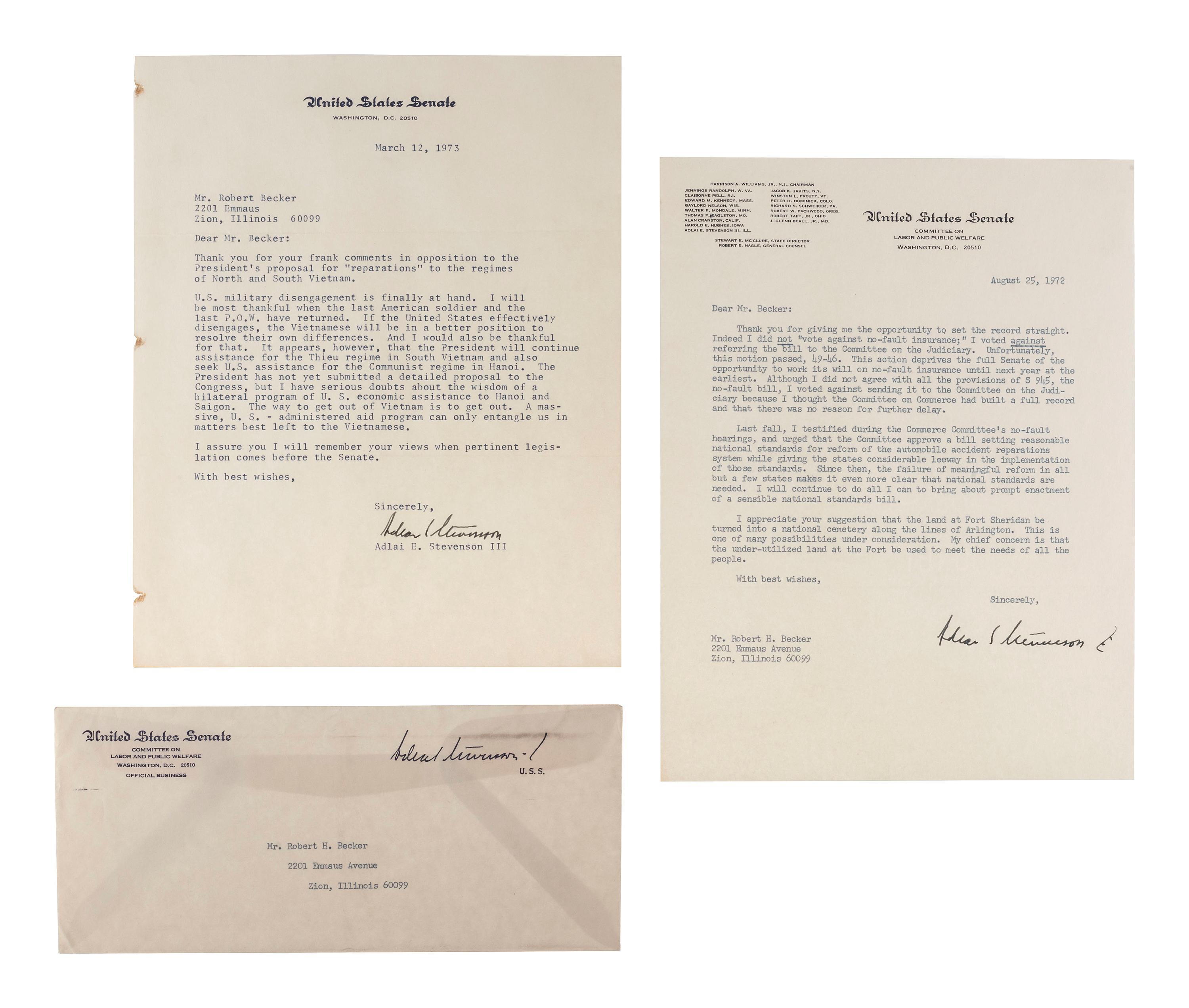 [POLITICS]. Political correspondence archive relating to important 1960s and 1970s issues and addressed to Major Robert H. Becker (1924-2014), USAF Retired.