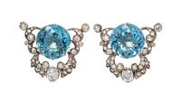 A Pair of Silver, Yellow Gold, Aquamarine and Diamond Earclips, 11.80 dwts.