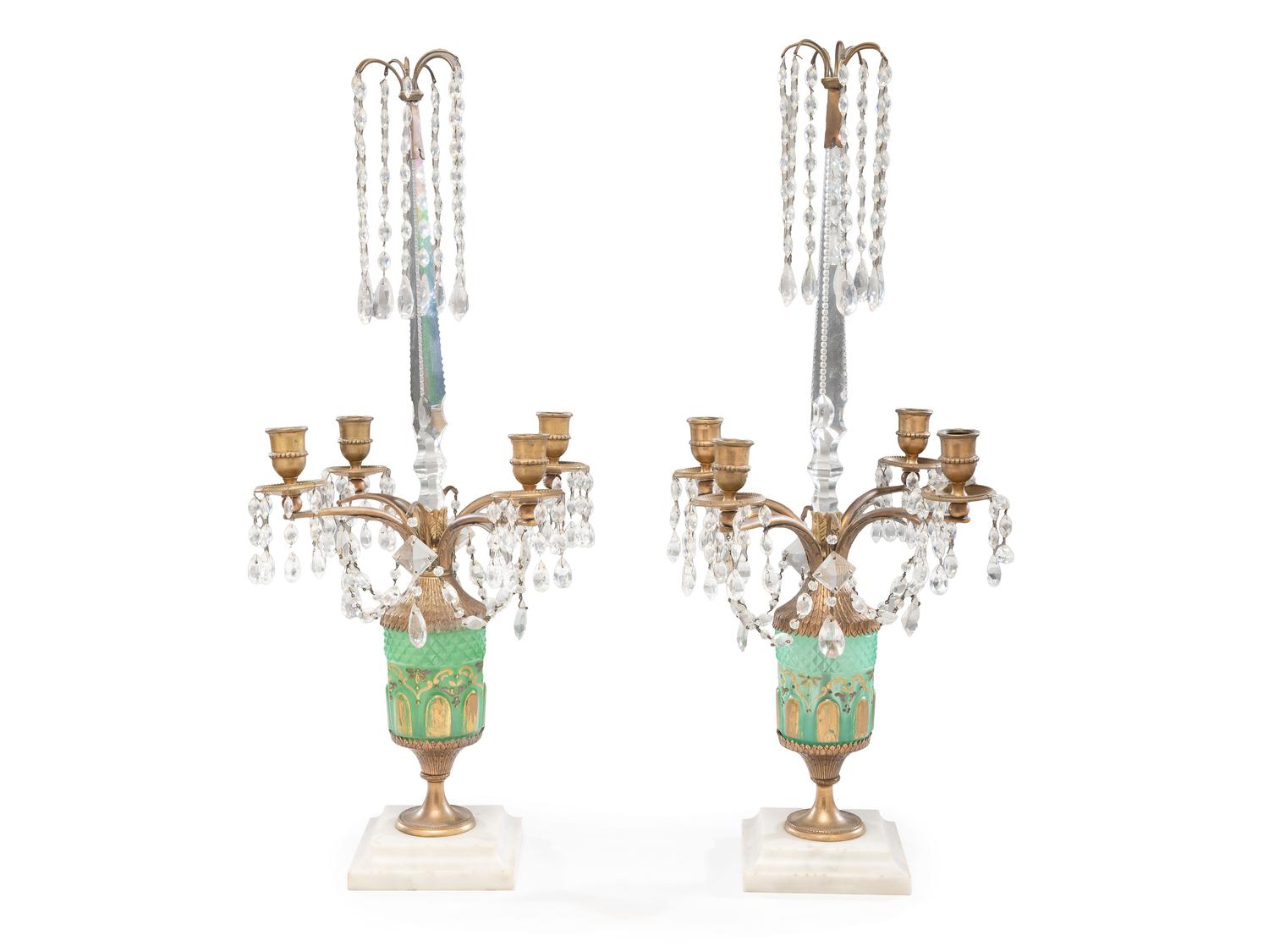 A Pair of French Gilt Bronze Mounted Marble and Cut Glass Four-Light Candelabra
