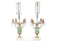 A Pair of French Gilt Bronze Mounted Marble and Cut Glass Four-Light Candelabra