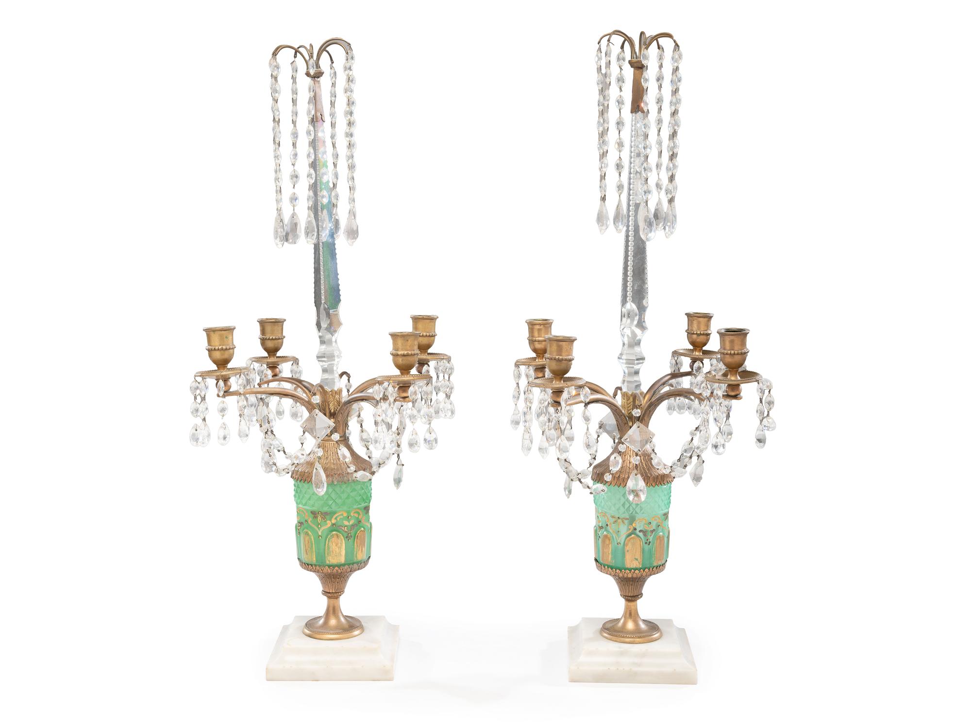 A Pair of French Gilt Bronze Mounted Marble and Cut Glass Four-Light Candelabra