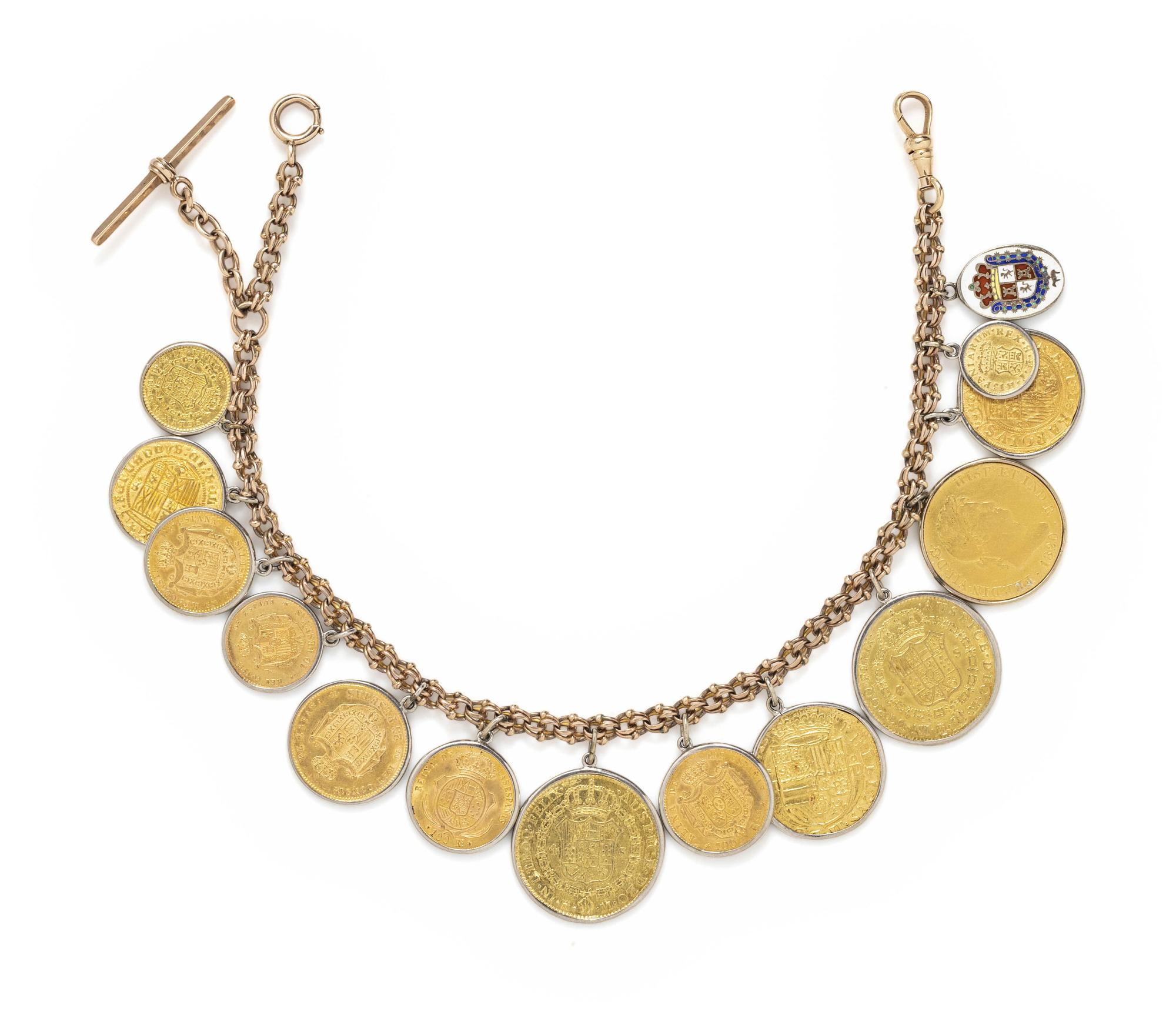 ROSE GOLD AND SPANISH YELLOW GOLD COIN NECKLACE, WITH ONE ENAMEL CHARM