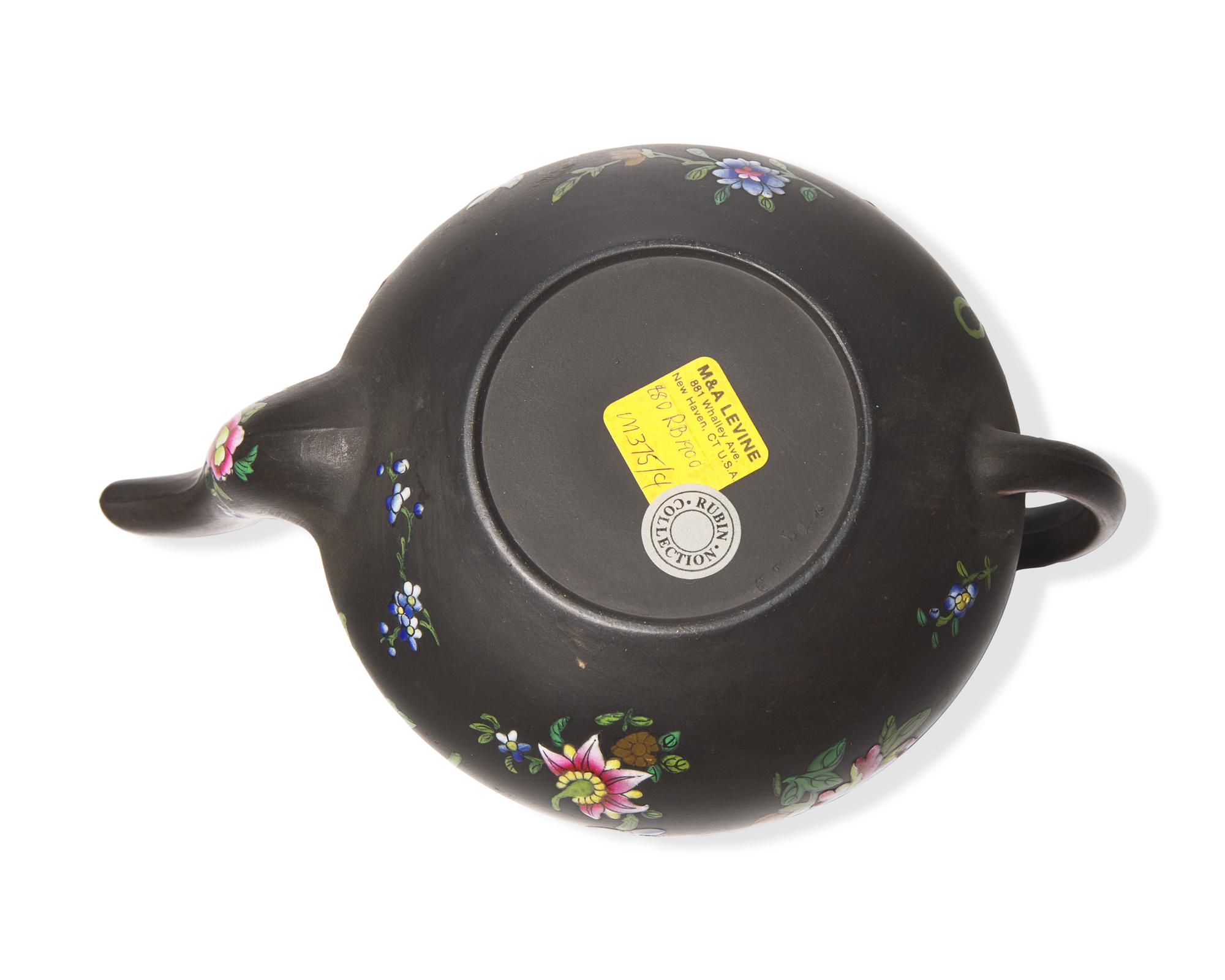 A Wedgwood Capriware Black Basalt Teapot with Strainer and Creamer