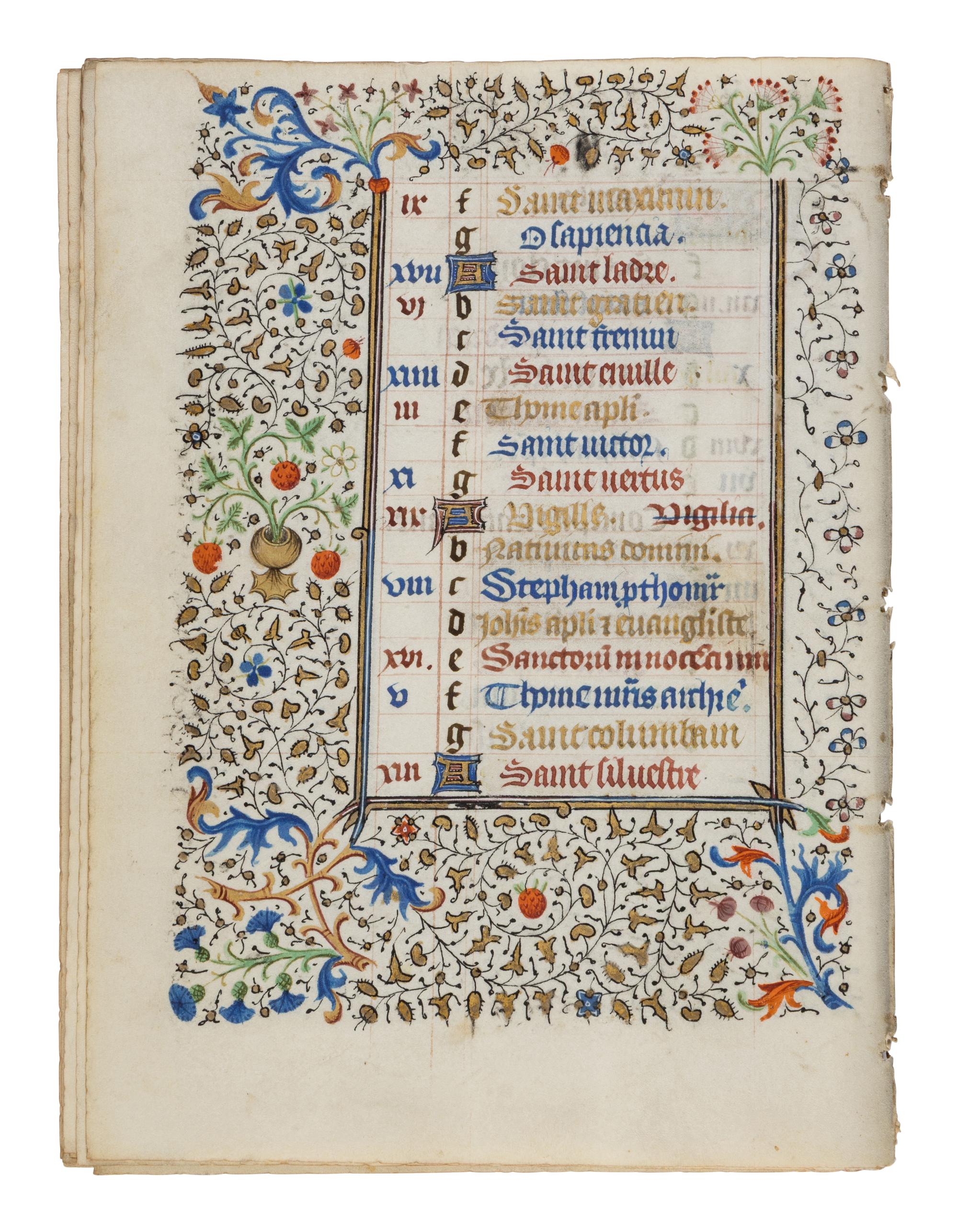 CIRCLE OF THE MASTER OF JEAN ROLIN II (active Paris, c. 1445–1465) A single quire of twelve leaves from a Book of Hours, calendar, in French, illuminated manuscript on parchment [France, Paris, c. 1450]