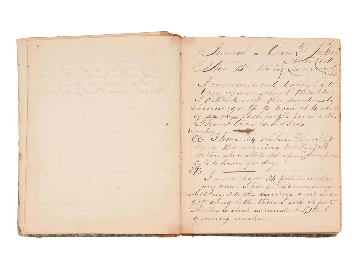 JACKSON, Col. Oscar L. (1840-1920). Five journals, incl. descriptions of Oscar L. Jackson's political activism during the 1860 campaign and his service with 63rd OVI, with campaign broadside noting Jackson as a speaker.