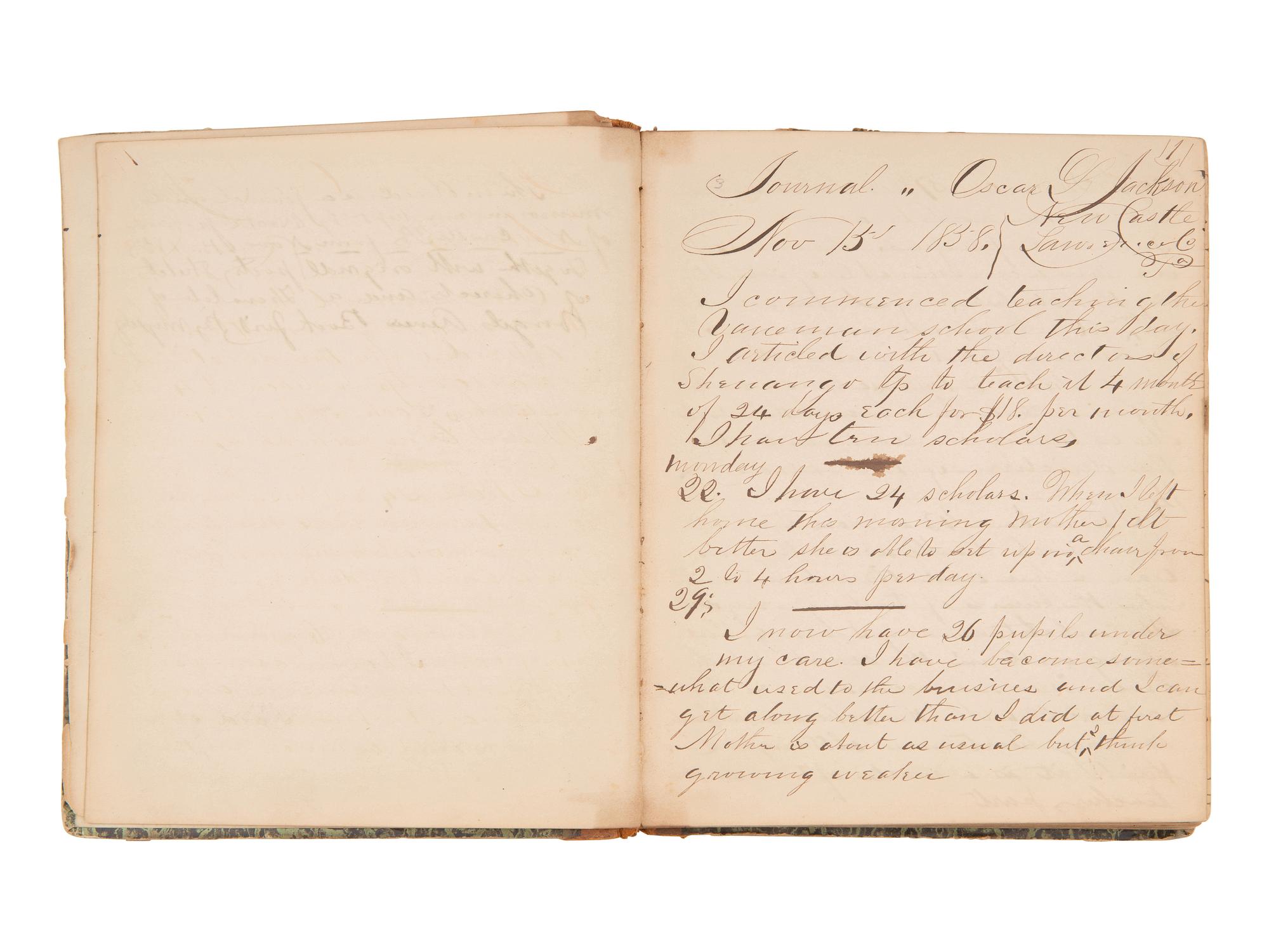 JACKSON, Col. Oscar L. (1840-1920). Five journals, incl. descriptions of Oscar L. Jackson's political activism during the 1860 campaign and his service with 63rd OVI, with campaign broadside noting Jackson as a speaker.