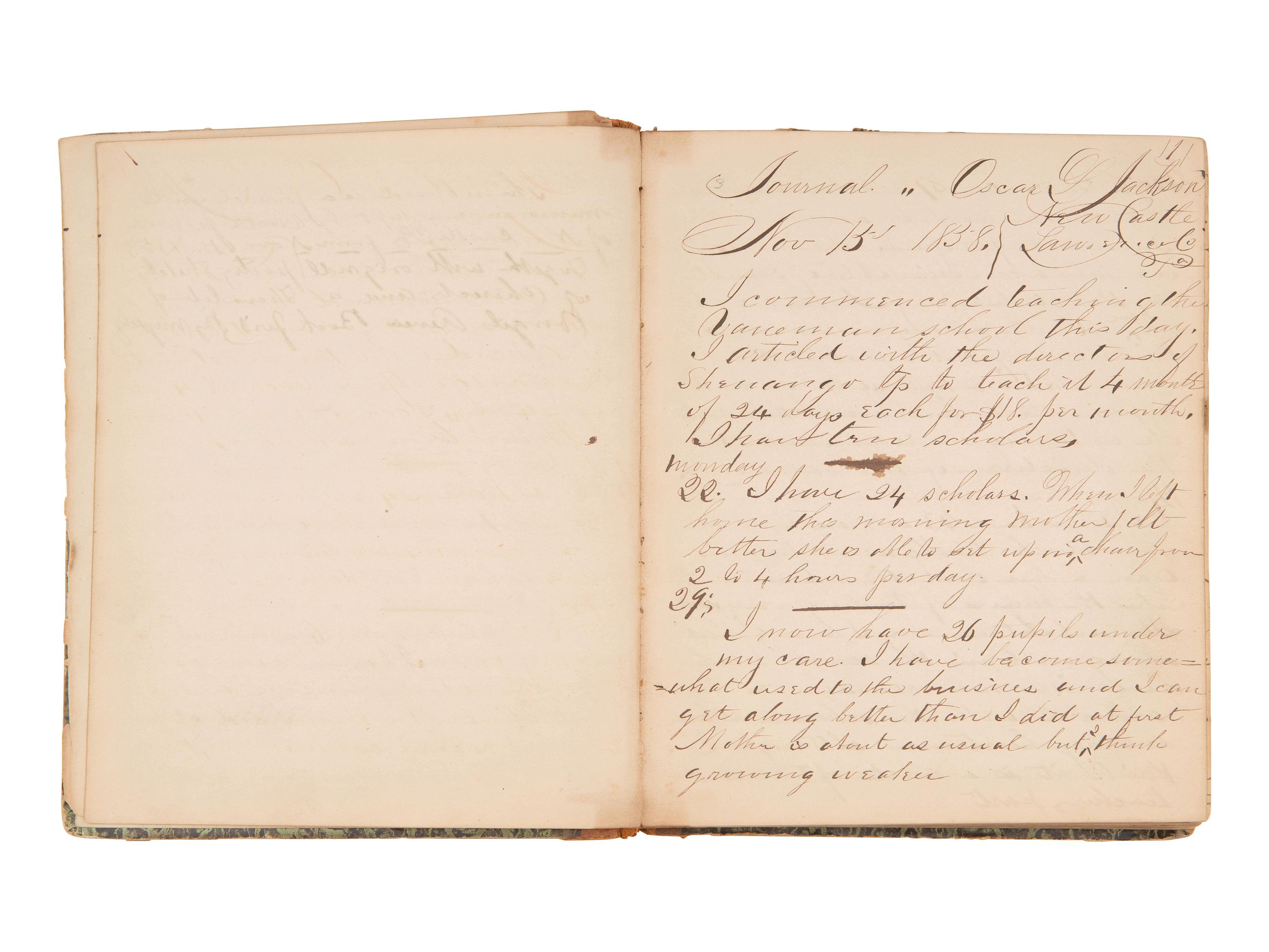 JACKSON, Col. Oscar L. (1840-1920). Five journals, incl. descriptions of Oscar L. Jackson's political activism during the 1860 campaign and his service with 63rd OVI, with campaign broadside noting Jackson as a speaker.