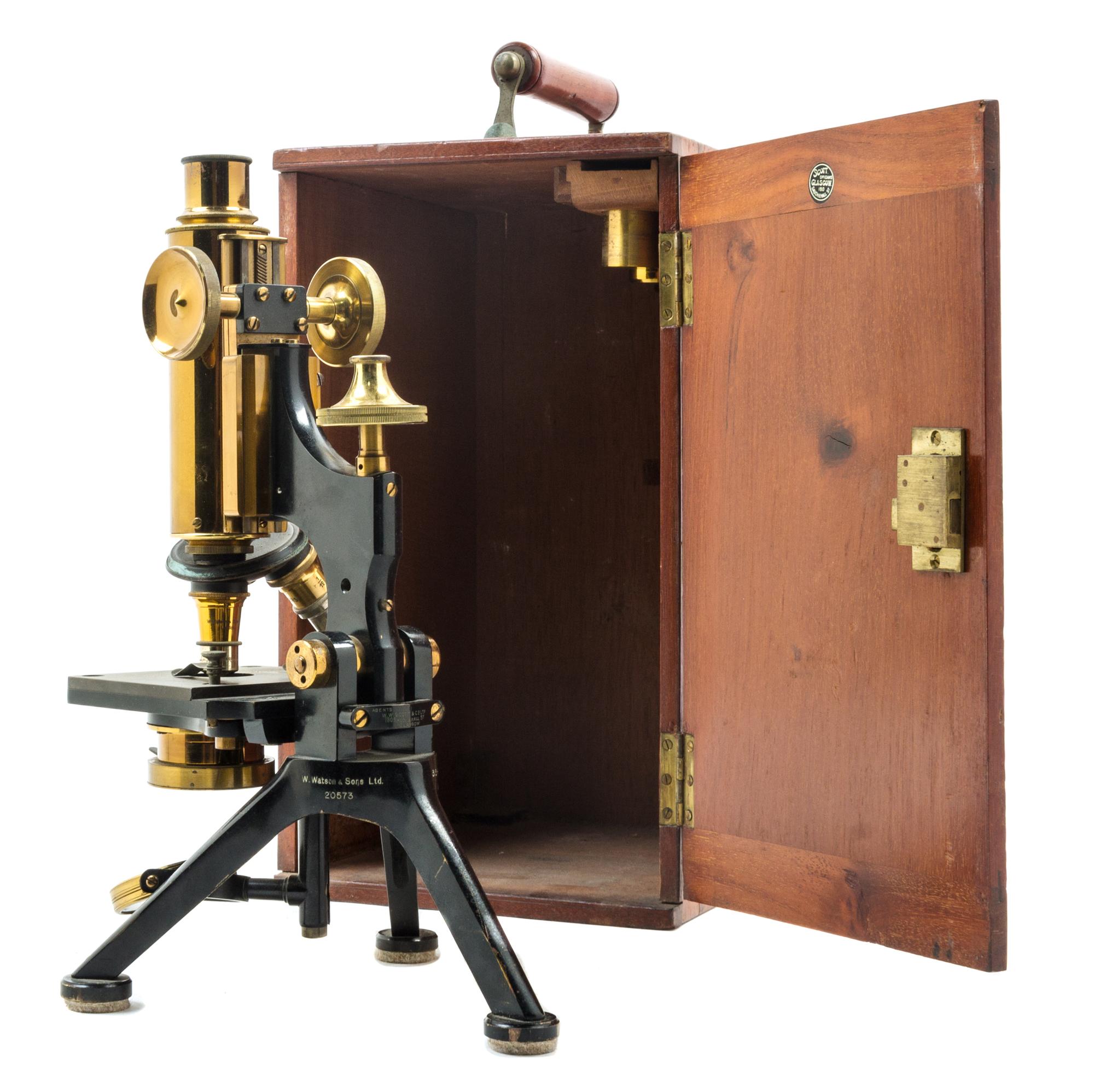An English Brass and Black Lacquered Microscope Height 12 1/2 inches. — W. WATSON & SONS LTD., LONDON, EARLY 20TH CENTURY
