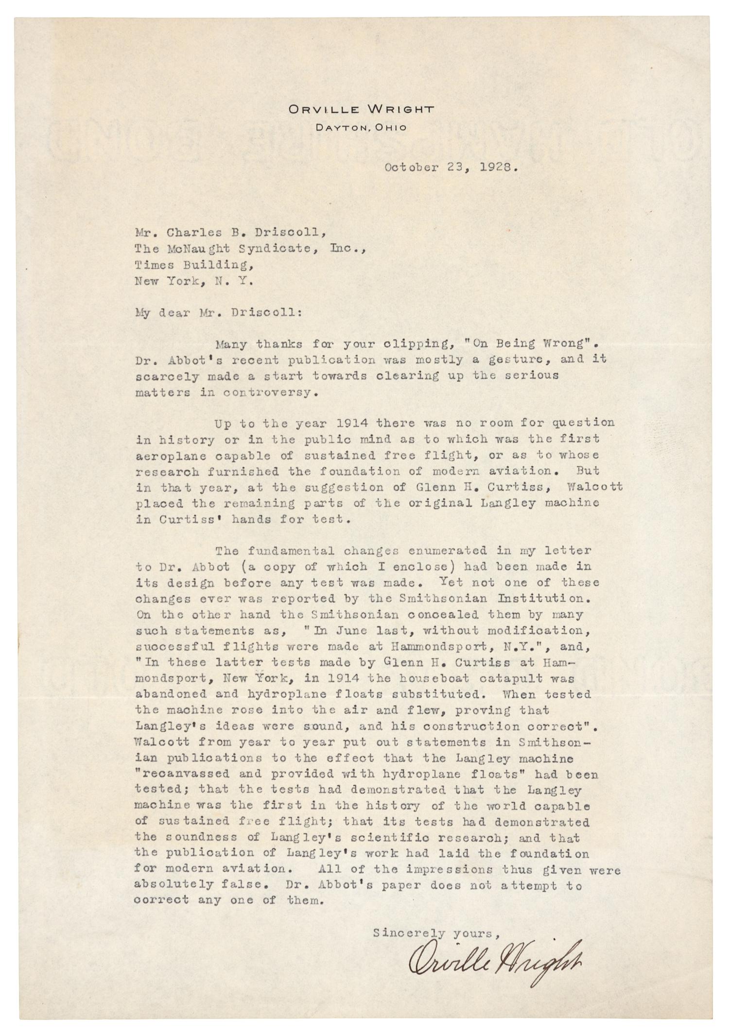 WRIGHT, Orville (1871-1948). Typed letter signed ("Orville Wright"), to Charles B. Driscoll, McNaught News Syndicate. Dayton, OH, 23 October 1928.