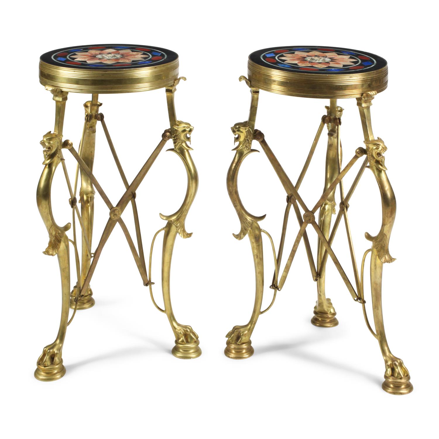 A Pair of French Neoclassical Style Gilt Bronze, Specimen Marble and Micromosaic Tables