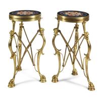 A Pair of French Neoclassical Style Gilt Bronze, Specimen Marble and Micromosaic Tables