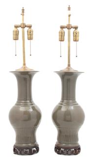 A Pair of Chinese Crackle Glazed Porcelain Vases Mounted as Lamps Height overall 33 1/2 inches. — 20TH CENTURY